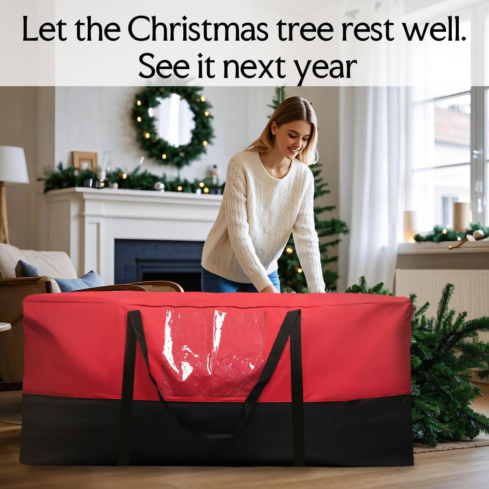 NAVTUE Christmas Tree Storage Bag, 10 FT Heavy Duty 600D Oxford, Red & Black, Dampproof with Durable Handles & Dual Zipper