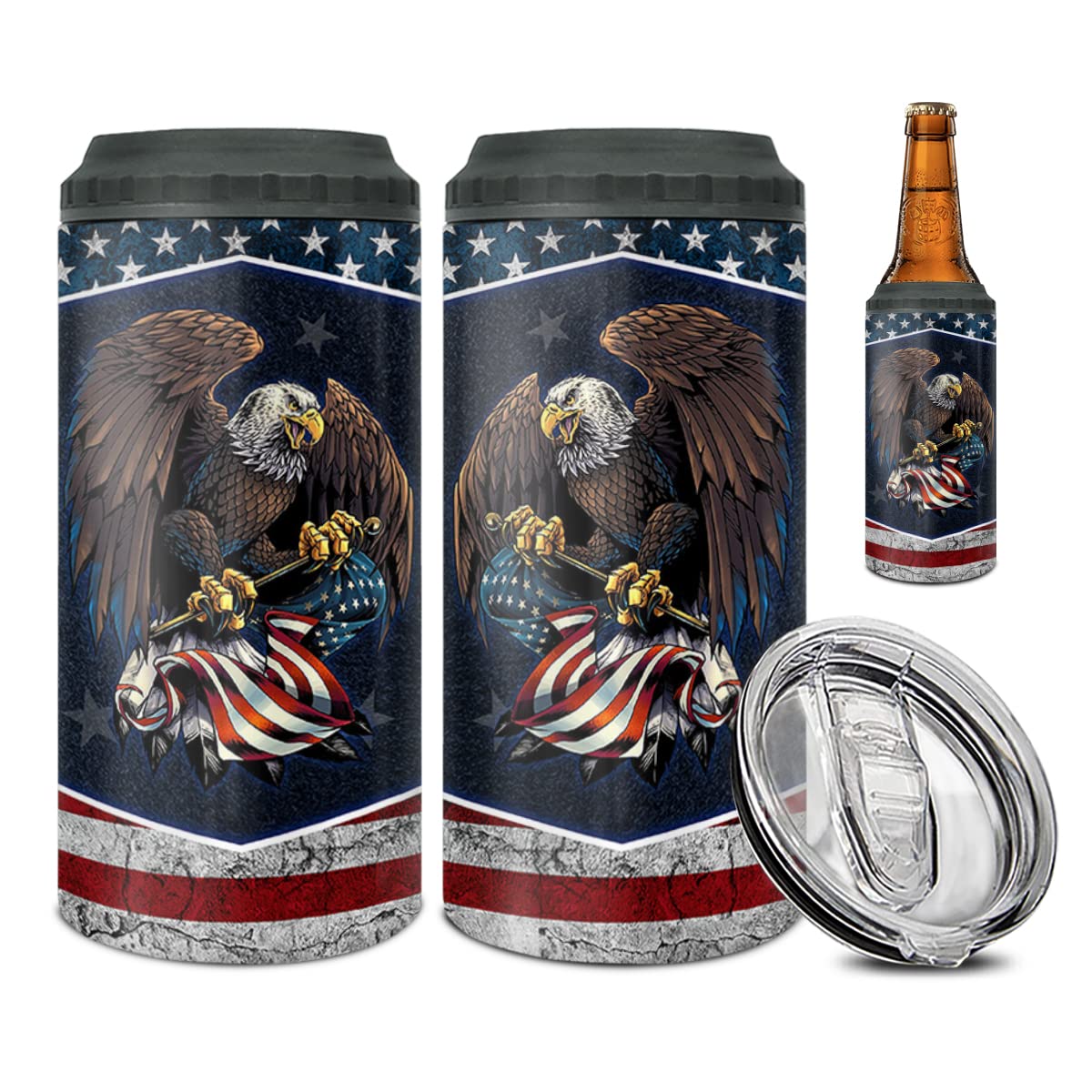 Winorax American Flag Can Cooler Tumbler 4-In-1 Eagles America Usa Flag Stainless Steel Insulated Coffee Travel Mug 16Oz Cup Wit