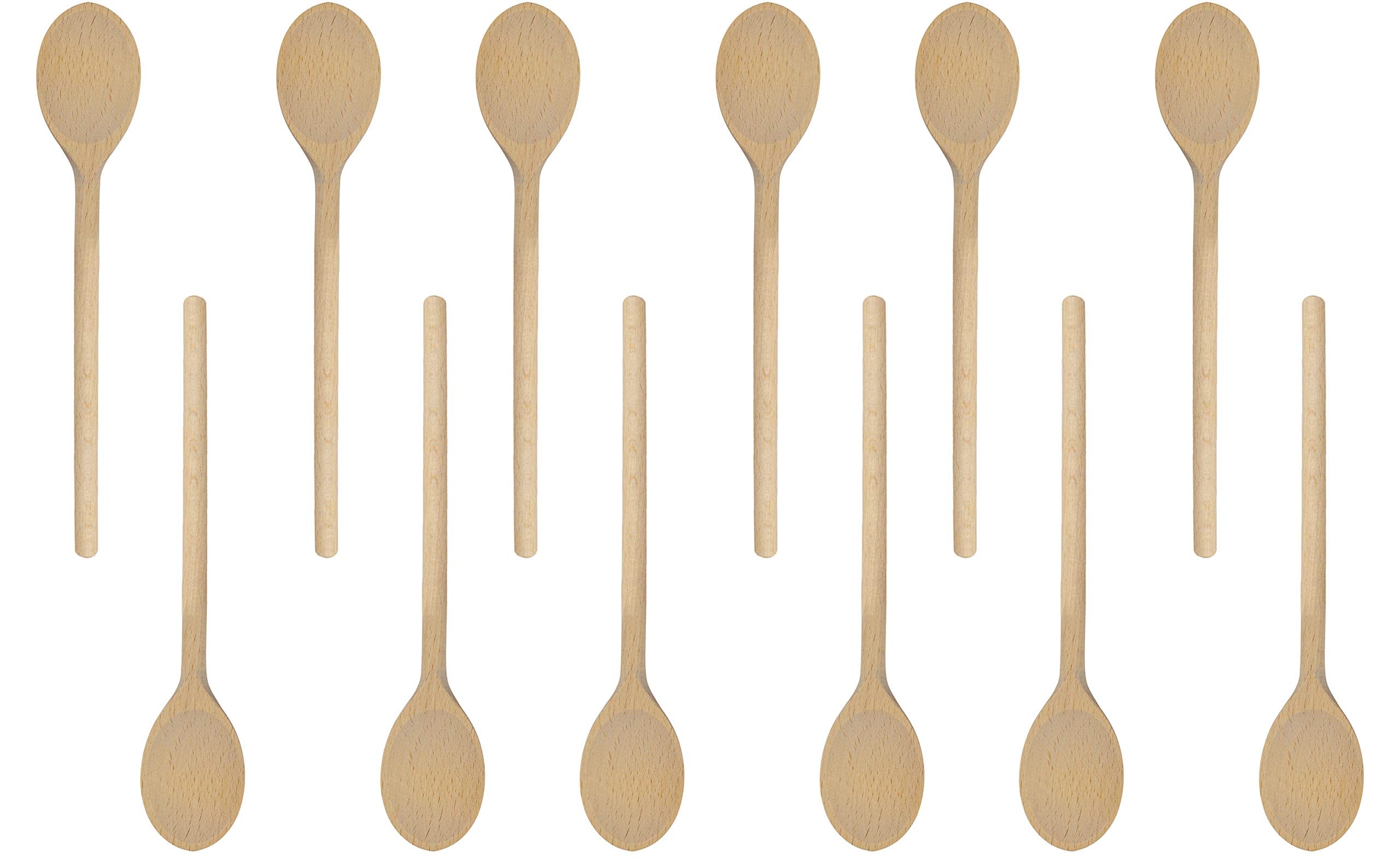 10 Inch Long Wooden Spoon Set By Bicb | Natural Beechwood Mixing Spoons For Baking, Cooking & Stirring | Set Of 12 Long Wooden S