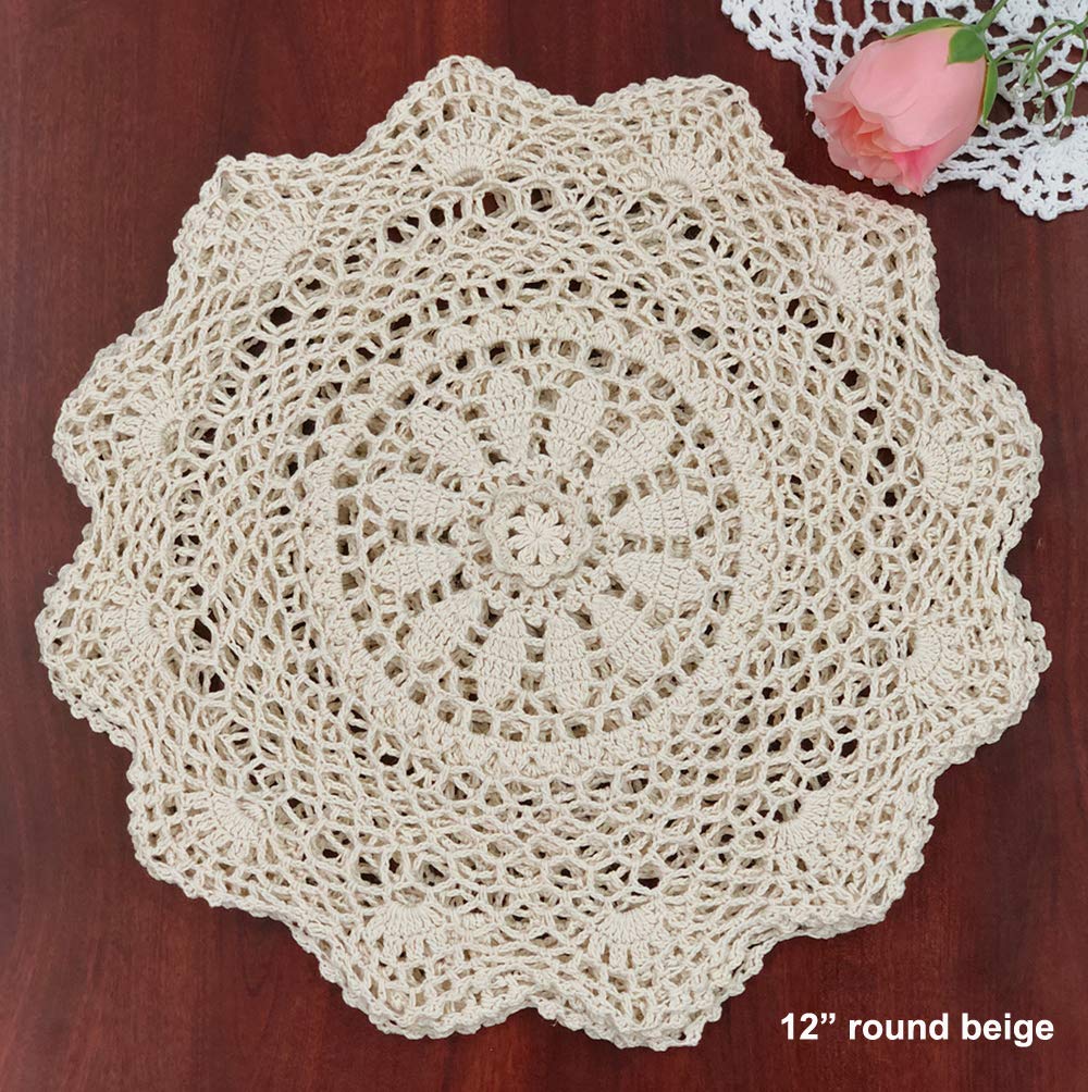Creative Linens 6Pcs 12'' Round Crochet Lace Doily Beige 100% Cotton Handmade, Set Of 6 Pieces