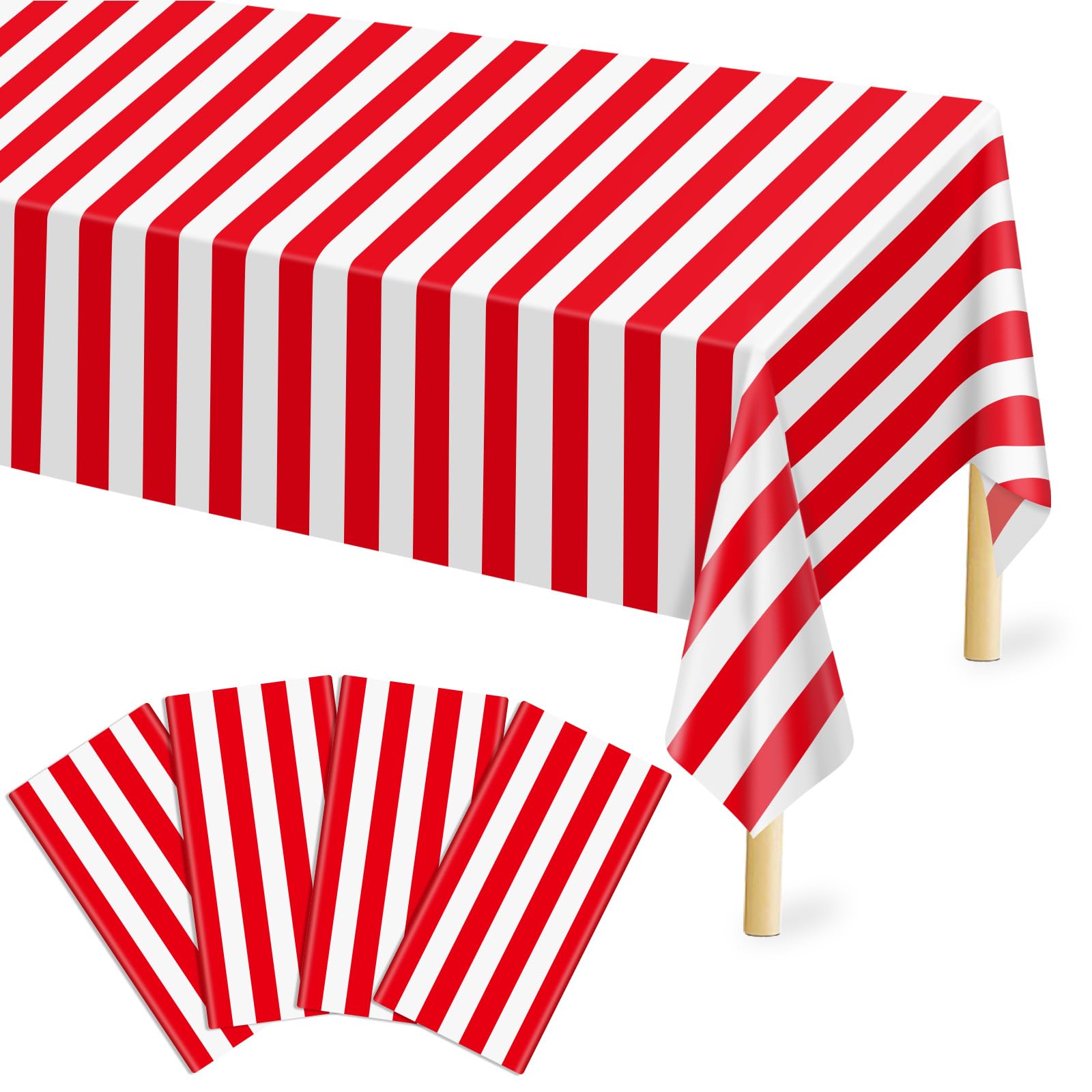Mulbozy Plastic Table Cloth Disposable 4 Pack, 54    108 Inch Red and White Stripe Tablecloths, Red Plastic Table Cover for Carn