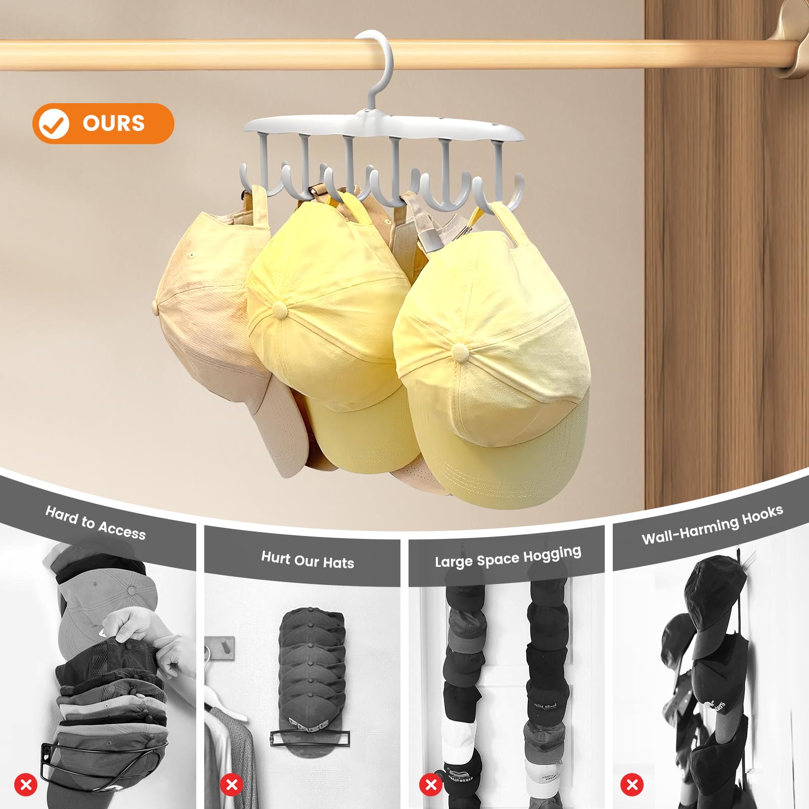 Hat Hangers For Closet, 2-Pack Hat Organizer For Baseball Caps, 360-Degree Rotation Hat Holder Storage With 12 Hooks, Organizado