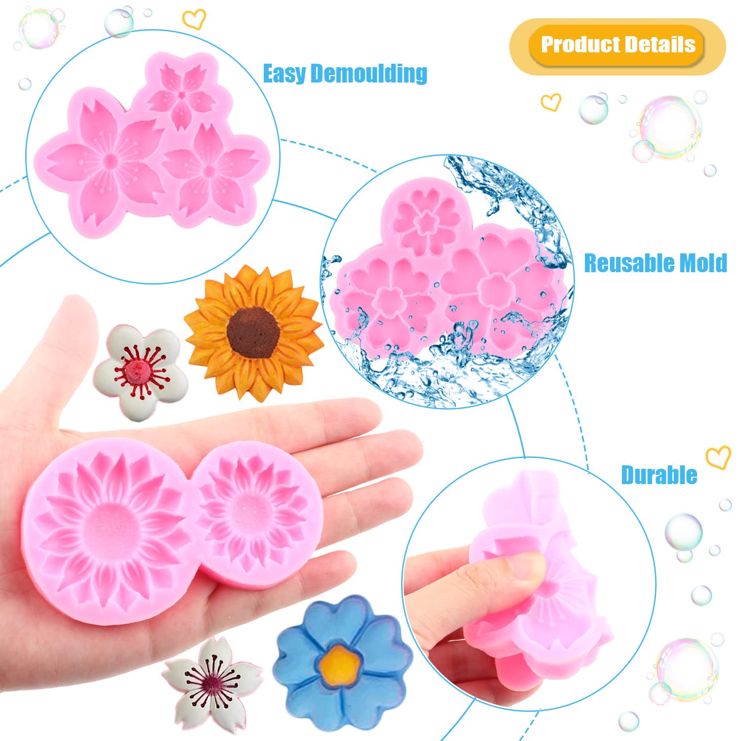Miyahouse Flower Silicone Mold Sunflower Chrysanthemum Cherry Blossoms Plum Blossoms Small Flower Silicone Molds For Cake Decora