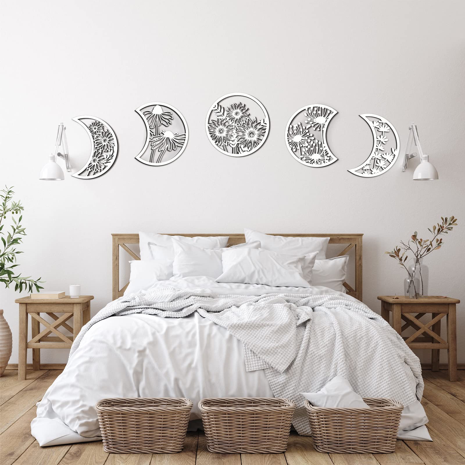 5 Pieces Moon Phase Wall Decor Boho Hanging Moon Phase Nordic Wood Wall Art for Living Room Bedroom Home Wall Decoration Room Ap