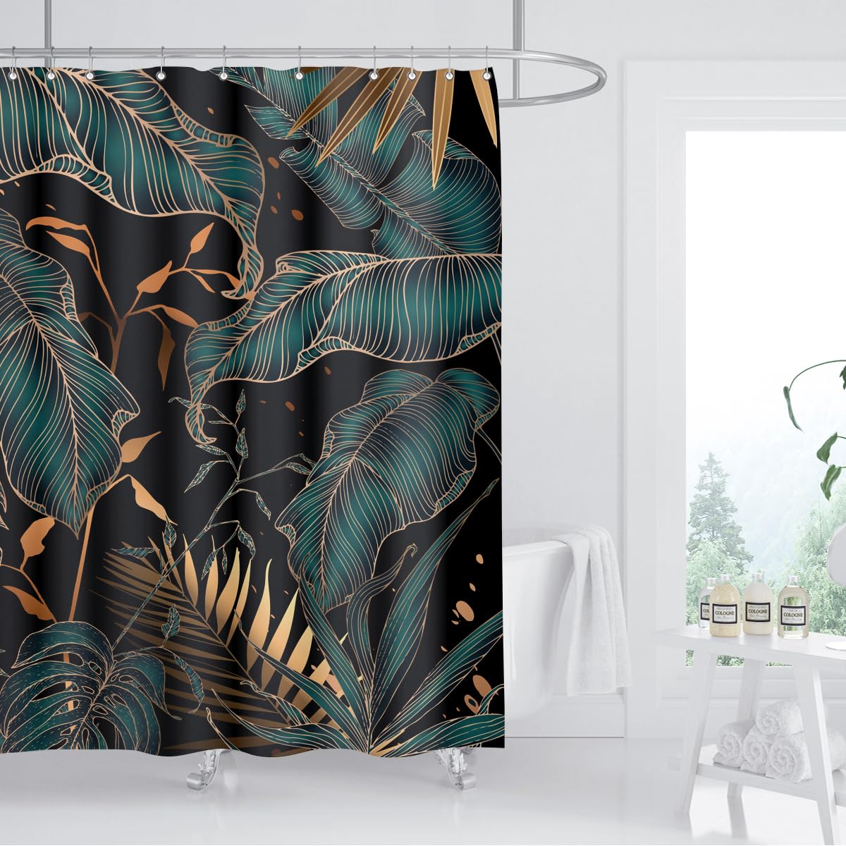 Zxmbf Green Gold Tropical Palm Leaves Shower Curtain Abstract Banana Leaf Modern Botanical Plant Nature Aesthetic Emerald Green