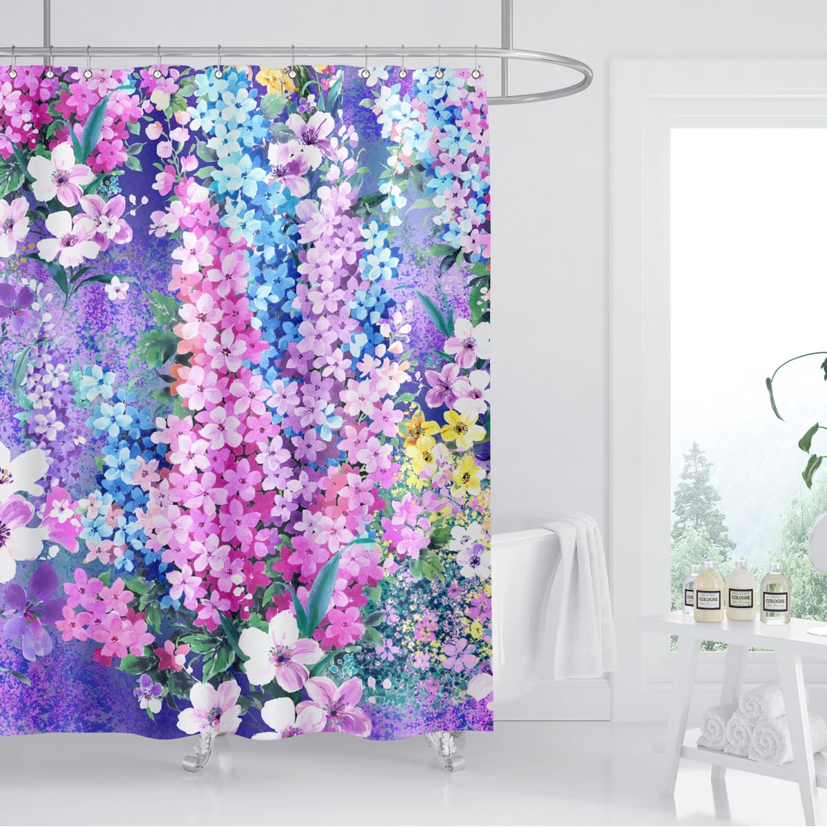 Zxmbf Purple Floral Shower Curtain Watercolor Flowers Bloom Garden Scenery Plant Home Bathroom Decor Waterproof Fabric 72Lx72W I