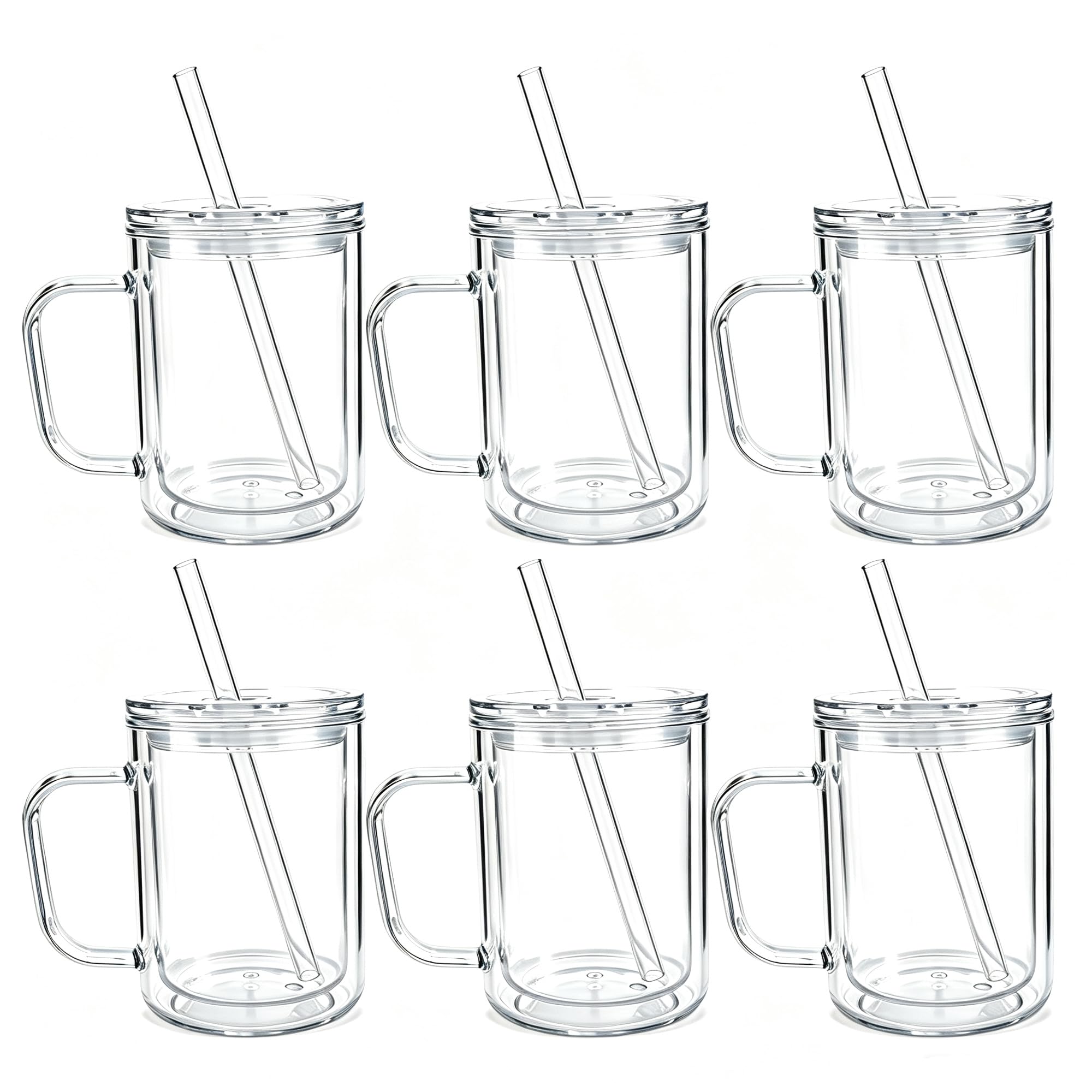 AGH 17OZ Acrylic Snow Globe Tumbler,6Pack Plastic Mug with Lids & Straws,Double Wall Tumbler with Handle, Clear Coffee Mug,Reusa