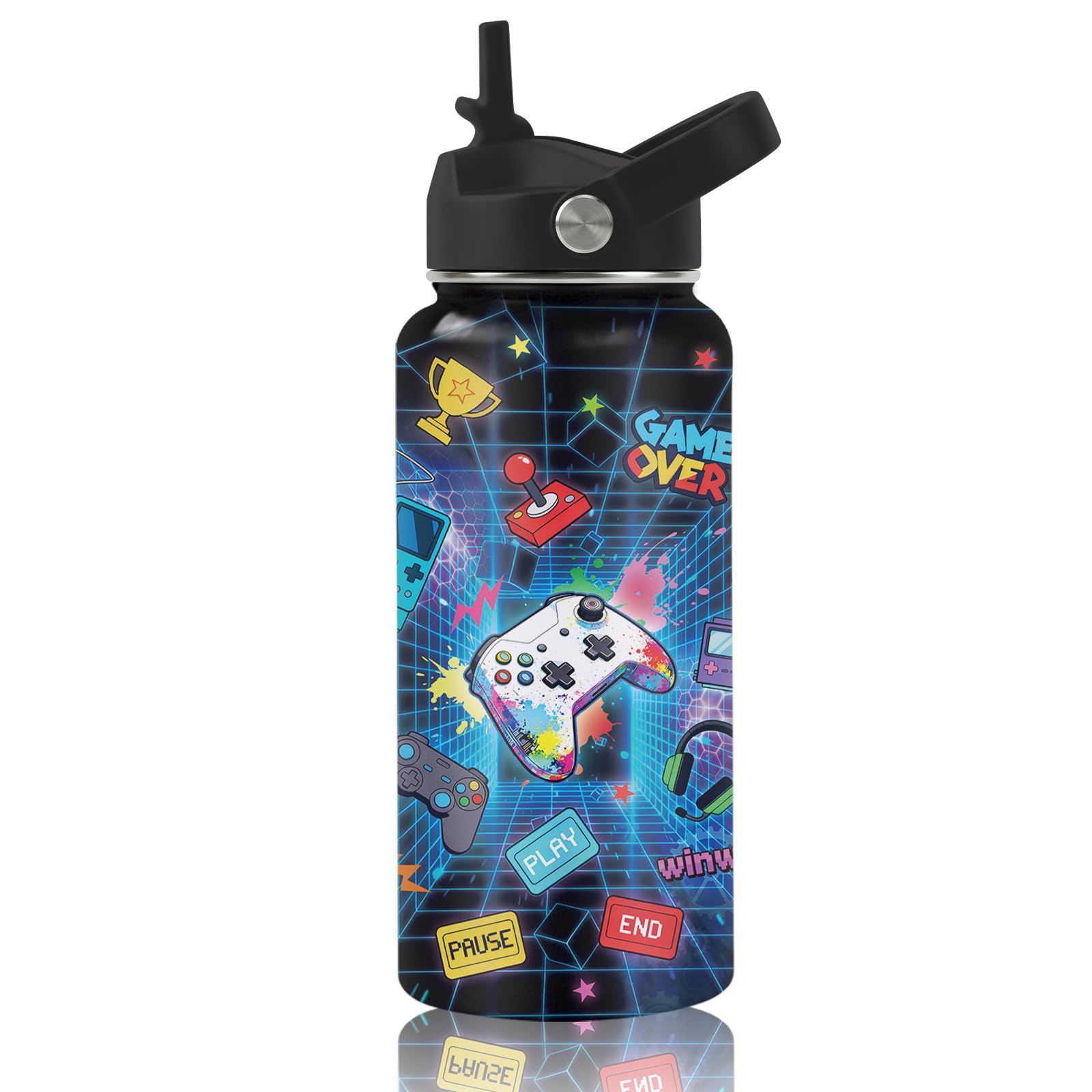 Gaming Gifts for Boy Girls, 32oz Gamepad Water Bottle with Straw Lid - Stainless Steel Insulated Water Bottles, BPA-free Leakpro
