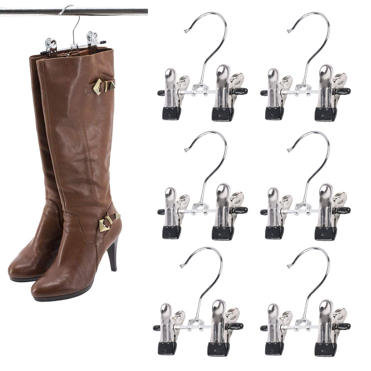 Suntrade Double Adjustable Clips Boots Hangers,Space Saving Boots Socks Bags Hanging Clips Boot Holder Boot Organizer,Set Of 6