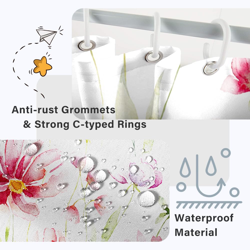 Ruelvth Stall Shower Curtain, Watercolor Red And Green Floral Shower Curtain For Bathroom Waterproof Fabric Spring Rv Shower Cur