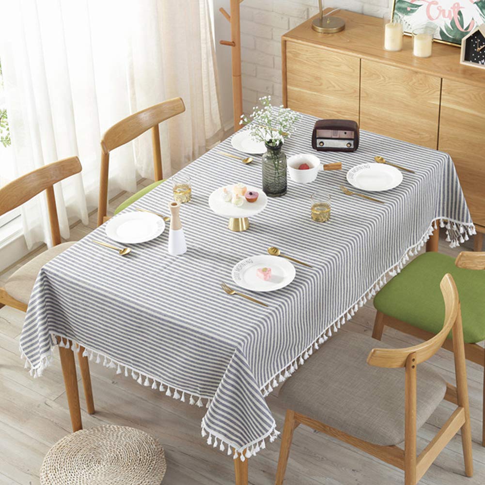 Amzali Stripe Tassel Tablecloth Cotton Linen Resistant/Dust-Proof Waterproof Table Cover For Kitchen Dinning Tabletop Decoration