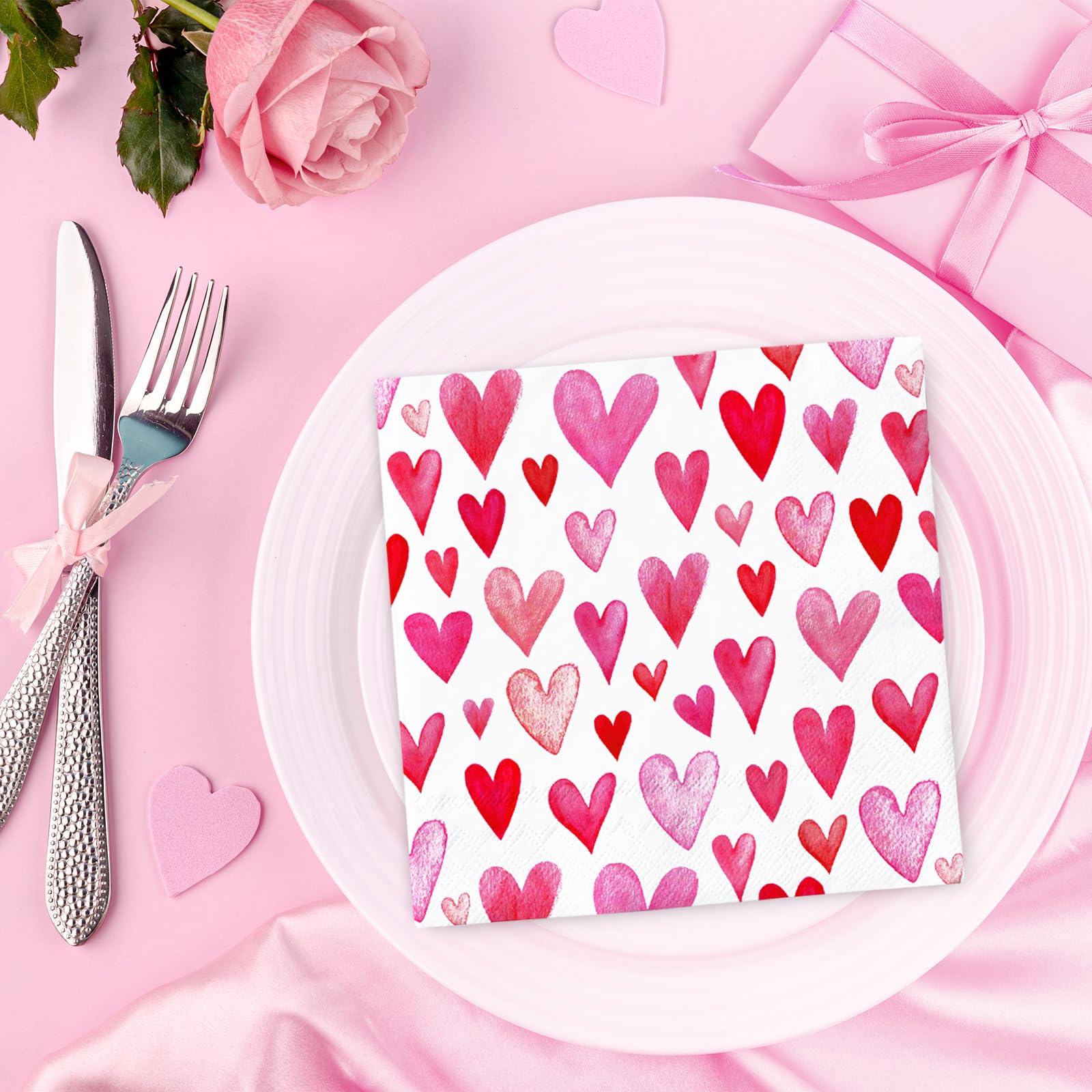 Anydesign 100Pcs Valentine'S Day Paper Napkins Disposable Pink Watercolor Love Heart Luncheon Napkins Dinner Hand Napkins For Pa