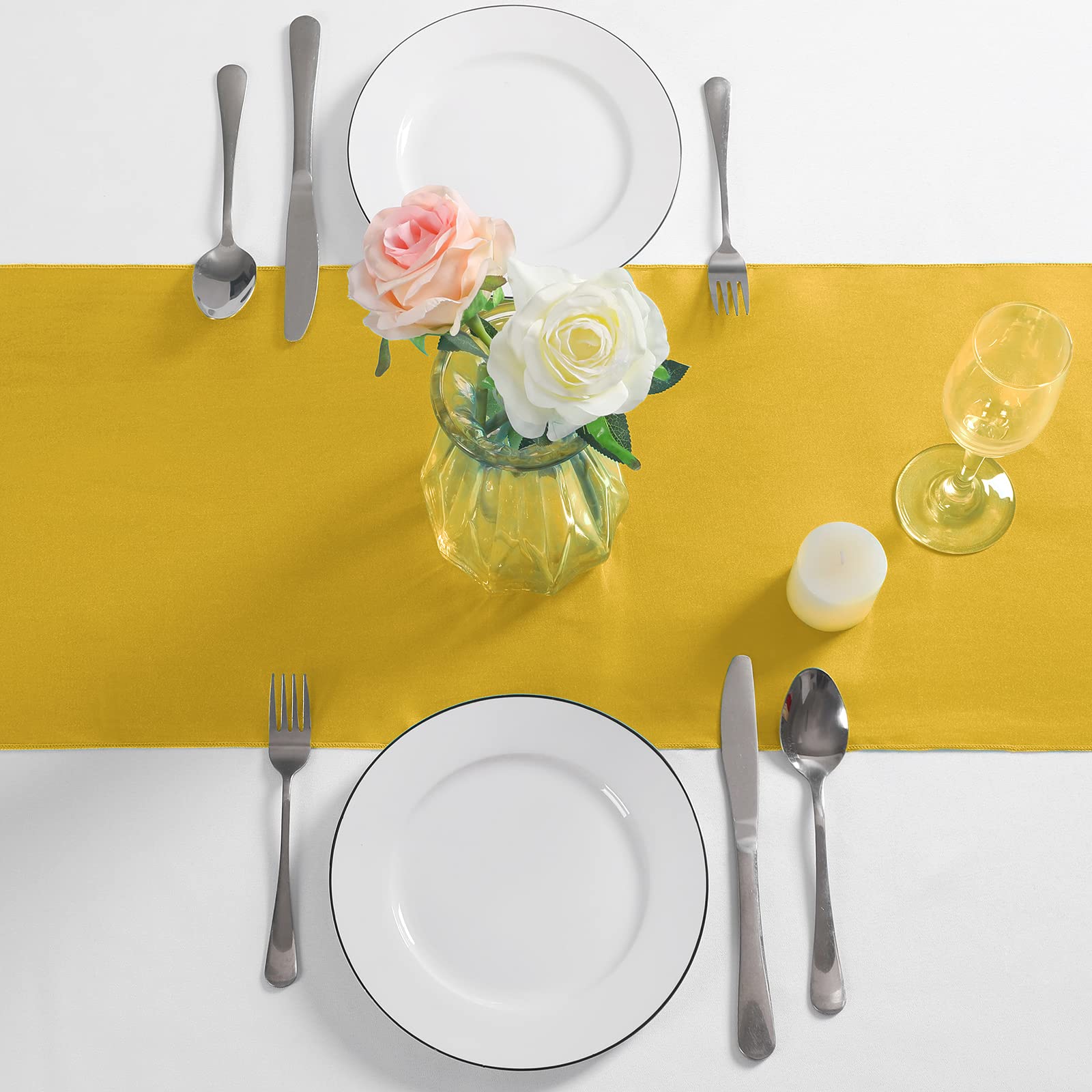 Manyshofu 4Pcs Satin Gold Runner - 12 x 72 Inch Long Size  Party Table Runner Decor Bright & Smooth Wedding Decorations Table Runner for Banquet Chef Birthday Buffet Dinner Graduations