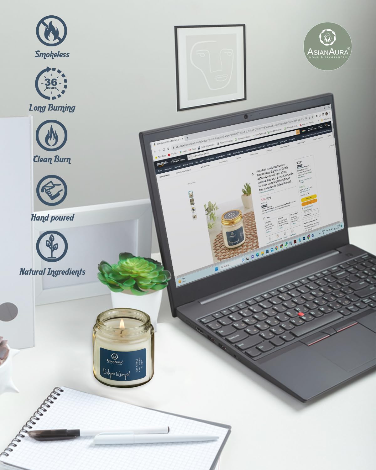 Asian Aura Scented Glass Jar Candle - 450g (Gross Wt.) - Eclipse Winged |36 Hours Burn Time |Smoke-Free Aroma Candle for Home Fr