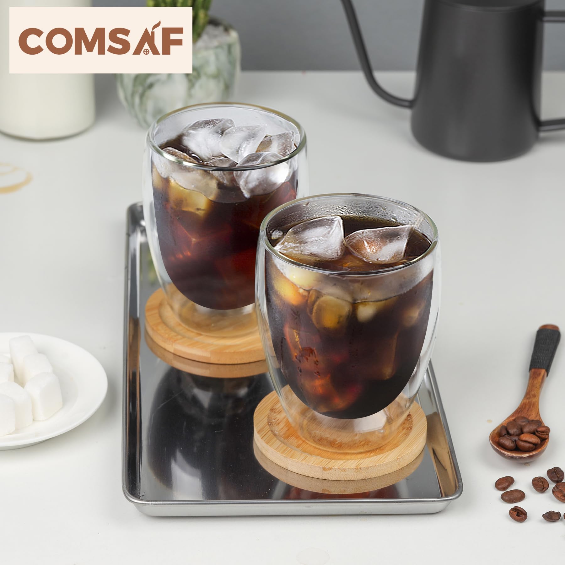 Comsaf Glass Coffee Cups 12 Oz, Latte Cup Set Of 2, Double Walled Glass Coffee Mugs, Clear Coffee Mug For Americano, Lungo, Moch