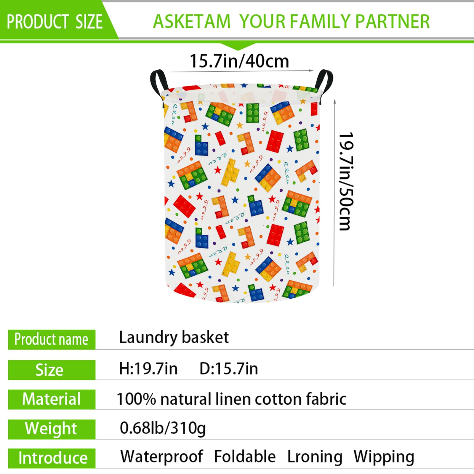 Asketam Fabric Laundry Basket Canvas Laundry Hamper For Dirty Clothes Toy Organizer Kid Nursery Room Decor Basket(Building Block
