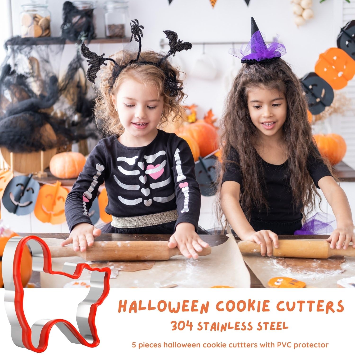 Crethinkaty Halloween Cookie Cutters Set 5 Piece Halloween Biscuit Cutters Stainless Steel With Protective Silicone Edge For Bak