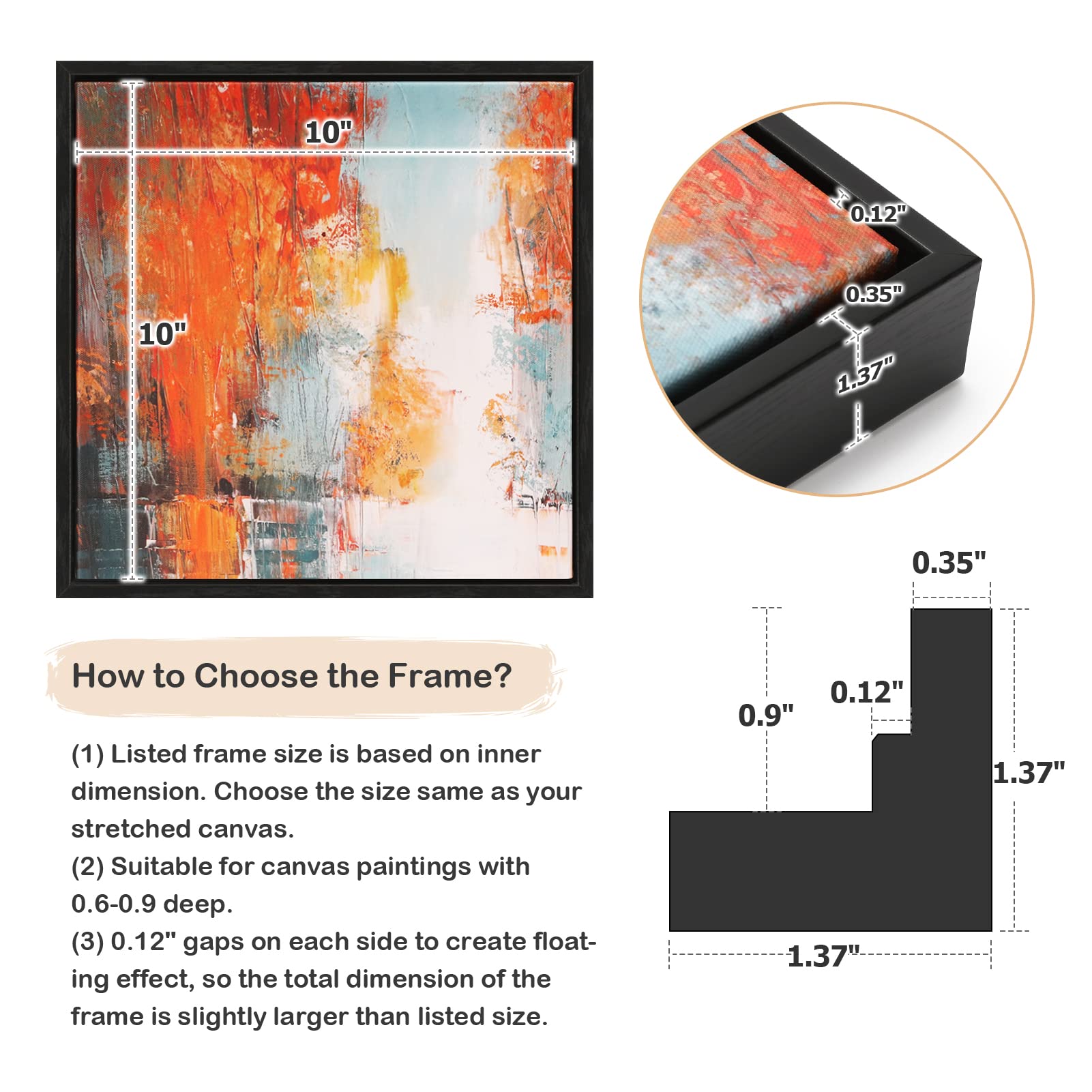 Folkor 10X10 Frame For Canvas Painting 0.6-0.8    Deep, 2 Pack Square Floater Frame For Canvas Prints, Floating Frame For Wall A