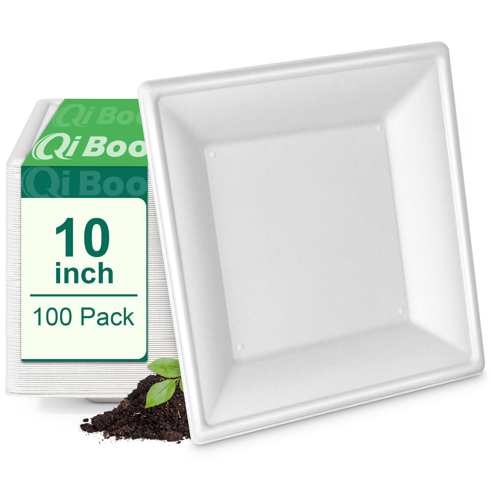 Qi Boo Square Paper Plates 10 Inch [100-Pack] Compostable Eco Friendly Disposable Plates Heavy Duty, Biodegradable Recycled Baga