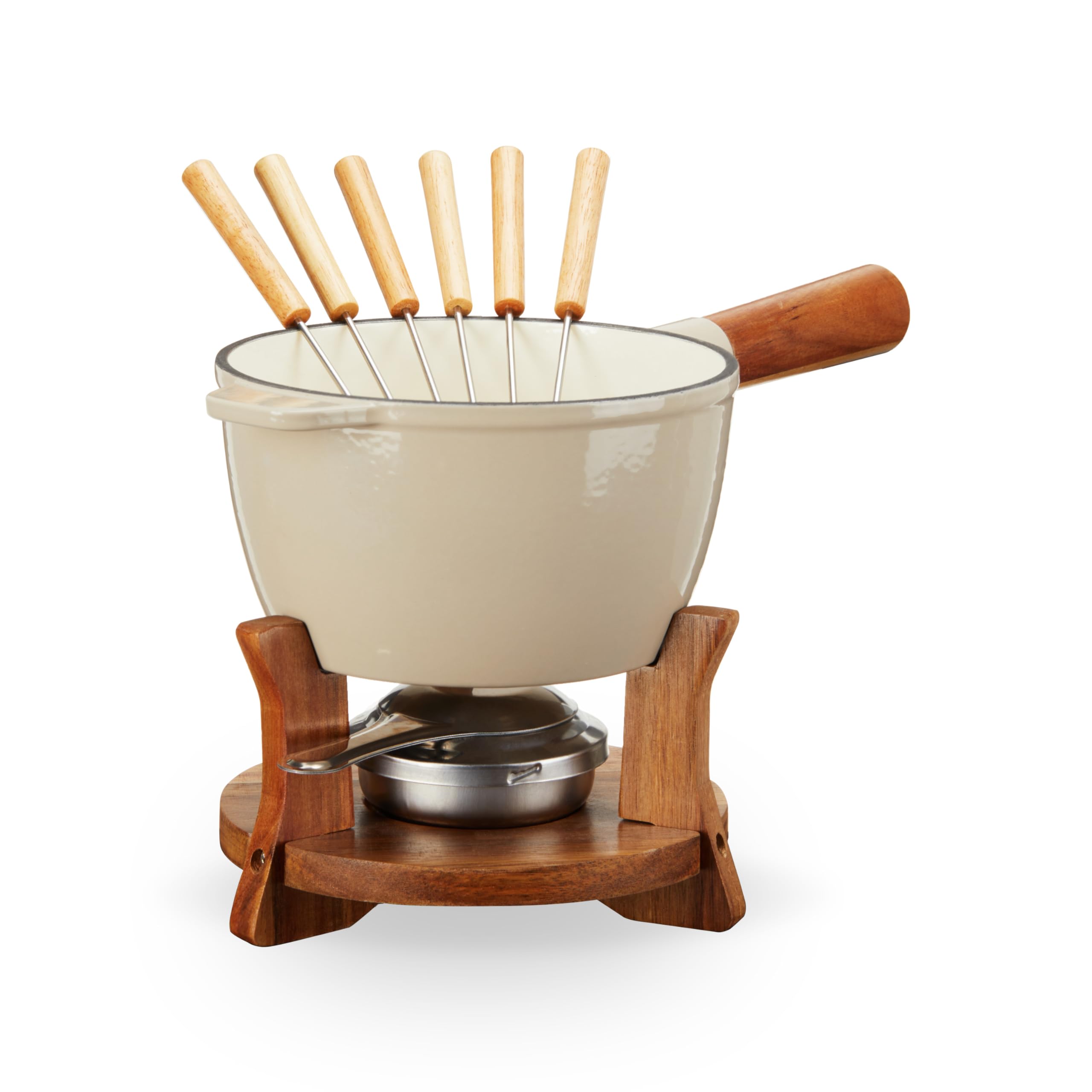 Twine Farmhouse Kitchen Enamel Cast Iron Set Cheese Melting Fondue Pot Metal Stainless Steel Forks and Wood Stand, Beige Set of 