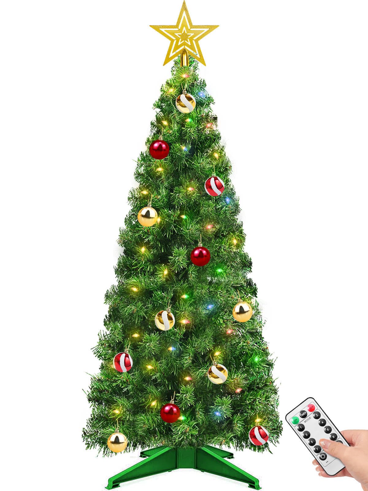 Remote 8 Mode & Timer 4 Ft Mini Christmas Tree with 100 Warm White & Multi Color Change Lights 18 DIY Balls Ornaments 3D Star Ba