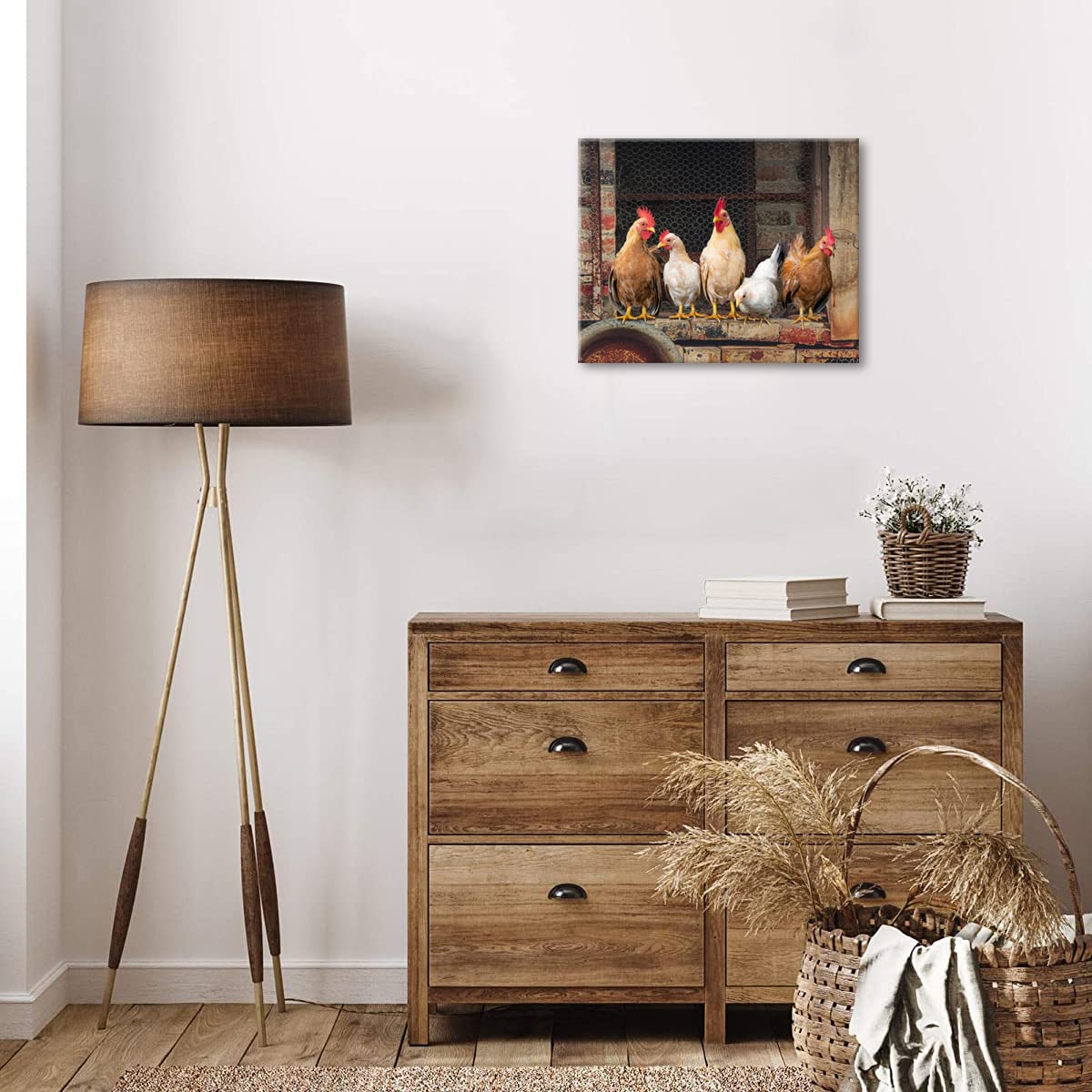 Woxfcart Kitchen Wall Art Chicken Decor - Farm Animal Rooster Pictures On Canvas Prints For Rustic Farmhouse Dining Room Walls D