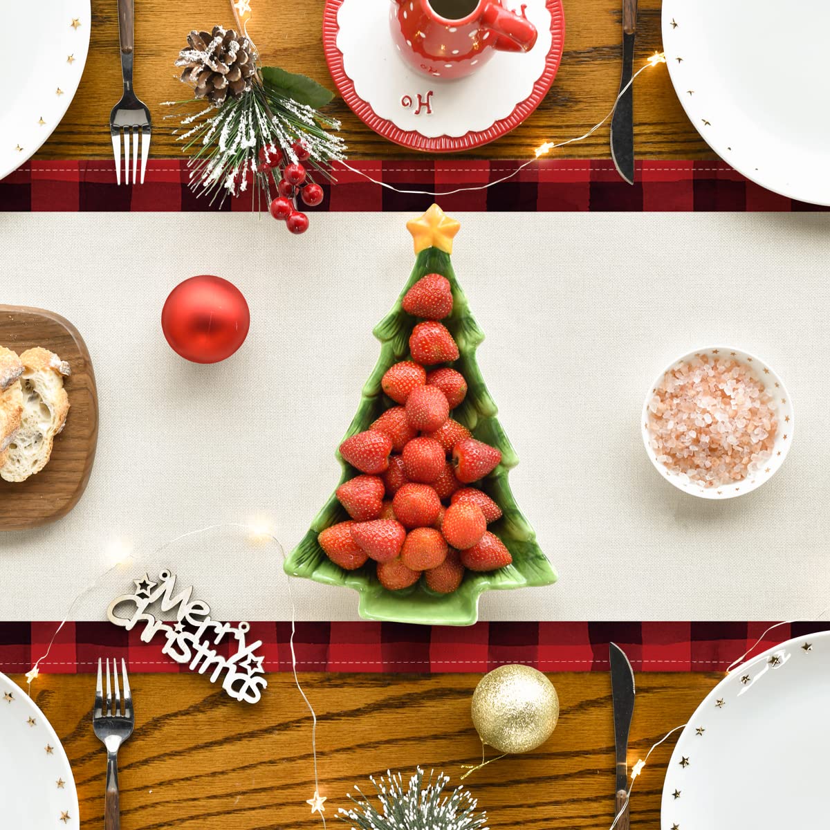 Artoid Mode Watercolor Red And Black Buffalo Plaid Christmas Trees Merry Xmas Table Runner, Seasonal Winter Holiday Kitchen Dini