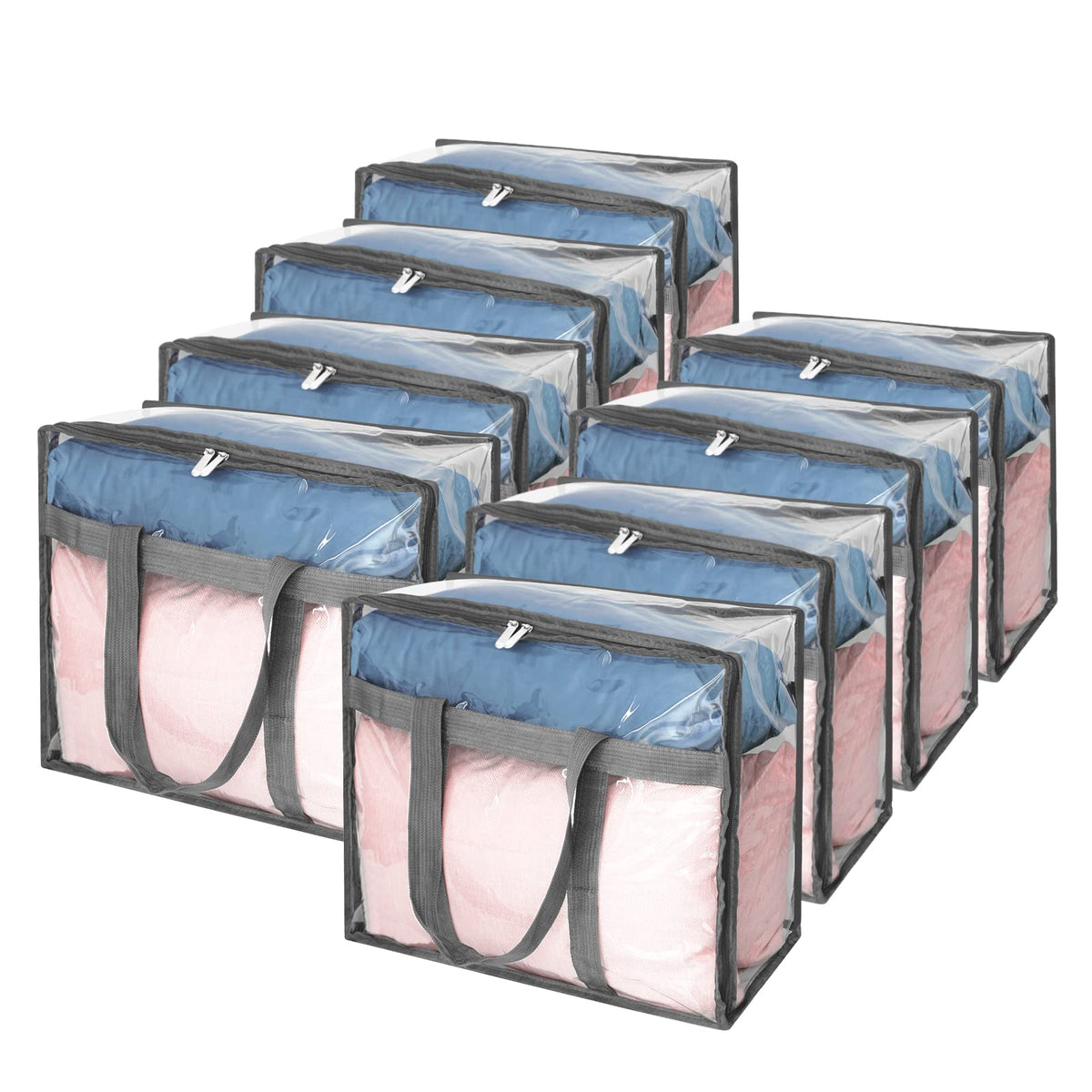 Fixwal 8 Pack Clear Clothes Storage Bags Vinyl Organizers with Sturdy Zippers Reinforced Handle Plastic Moving Totes for Blanket