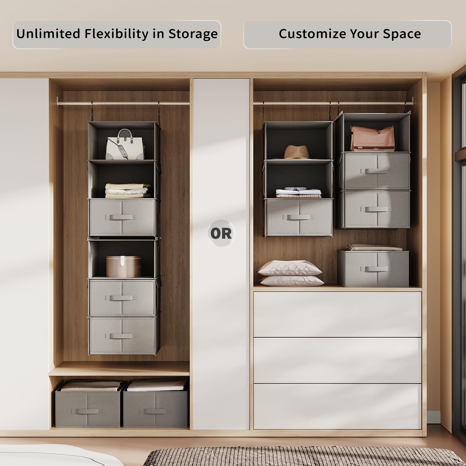 Vailando 6-Tier Hanging Shelves For Closet, Two 3-Shelf Hanging Closet Organizer W/ 4 Side Pockets And 3 Drawers, Combinable For