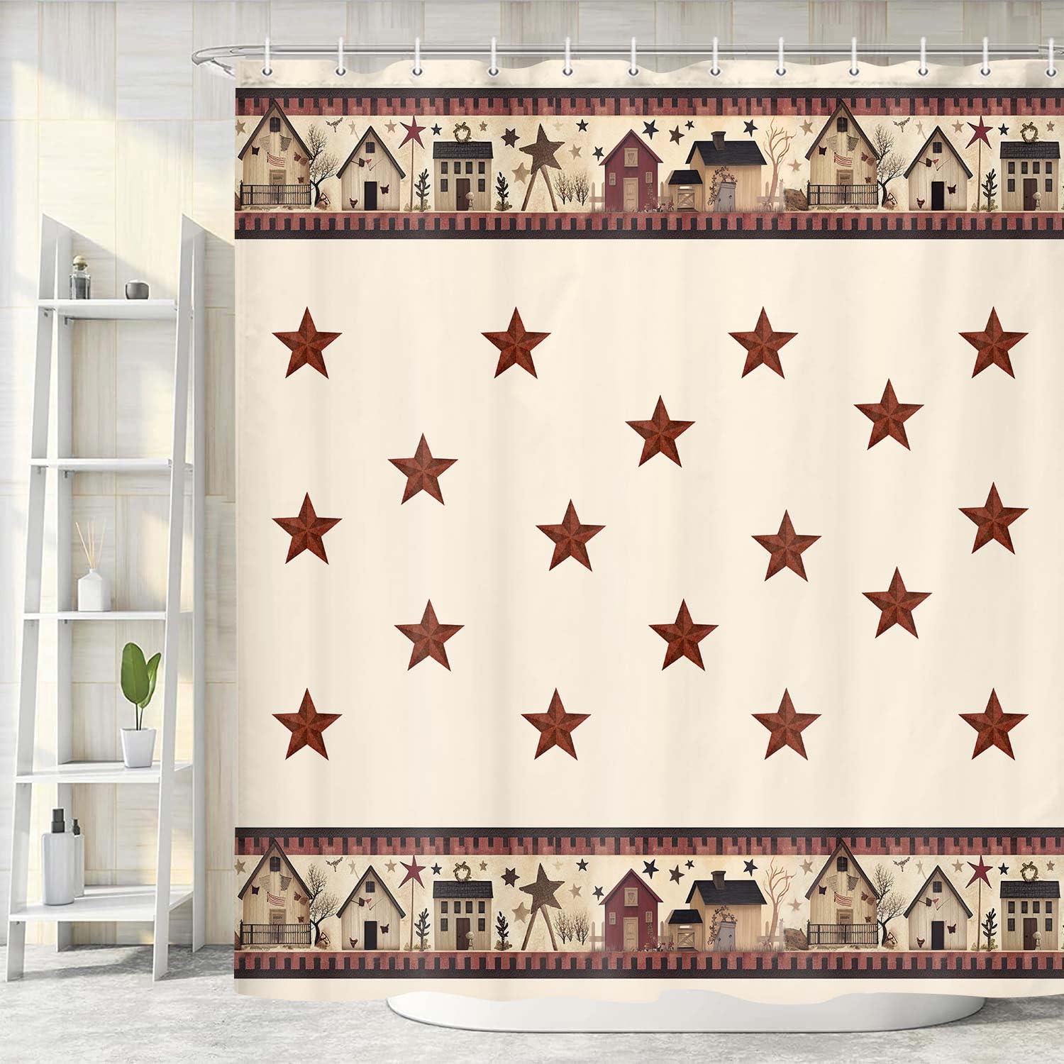 Jawo Rustic Country Shower Curtains, Primitive Barn Star Relax Bath Outhouse Christmas Farmhouse Shower Curtain For Bathroom Dec
