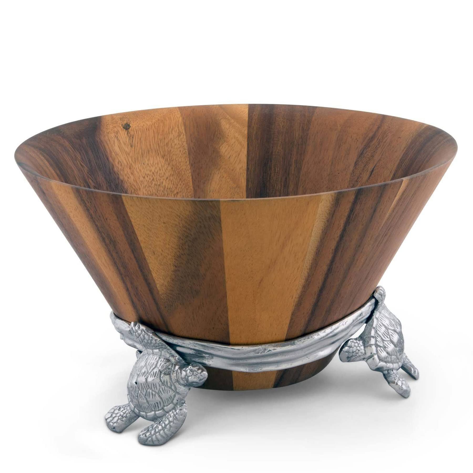 Arthur Court Acacia Wood Salad Serving Bowl With Swimming Sea Turtle Metal Cast Aluminum Stand - Ocean/Coastal Table 2 Pieces