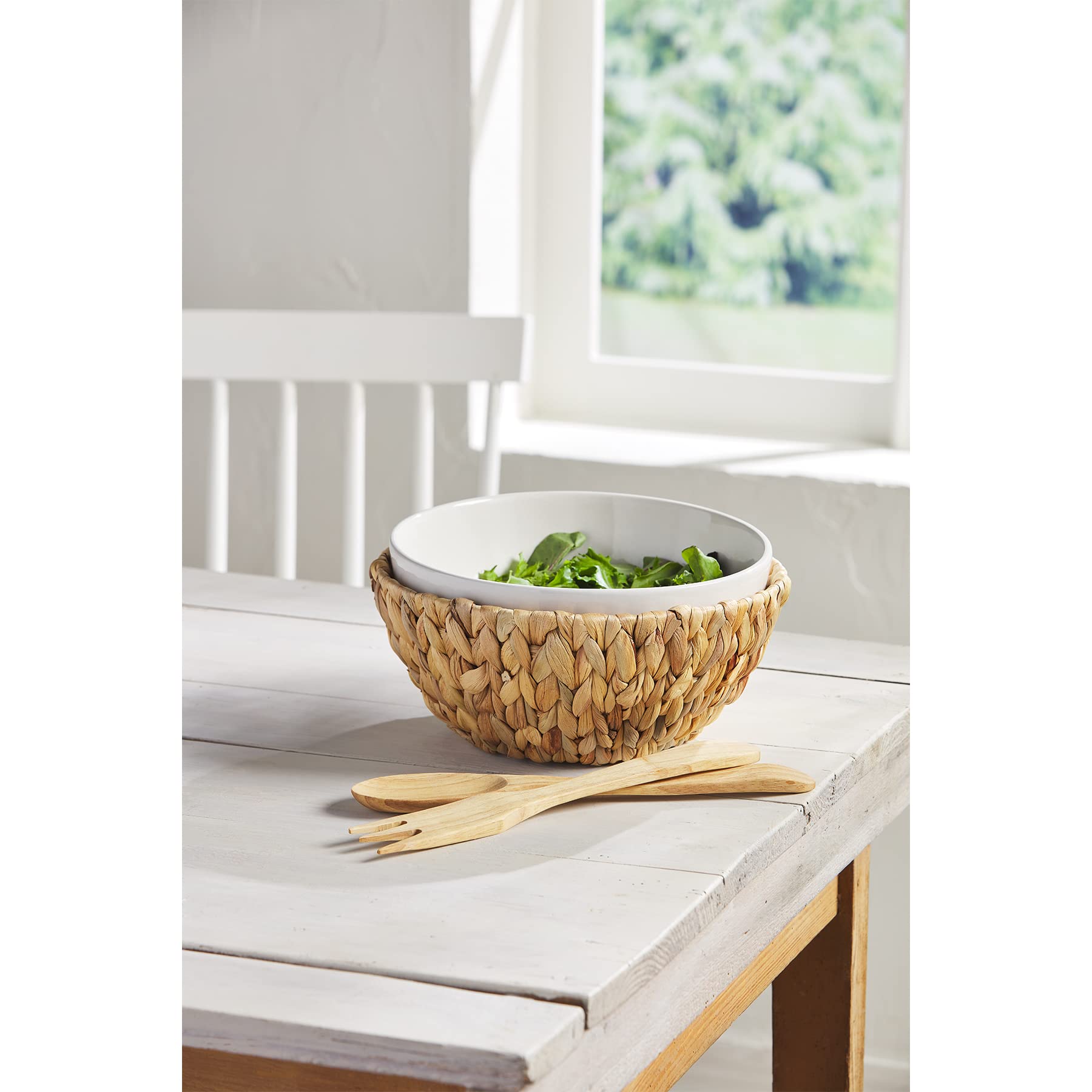 Mud Pie Water Hyacinth Serving Bowl Set, White/Tan, Bowl 4.5'' X 10'' Dia