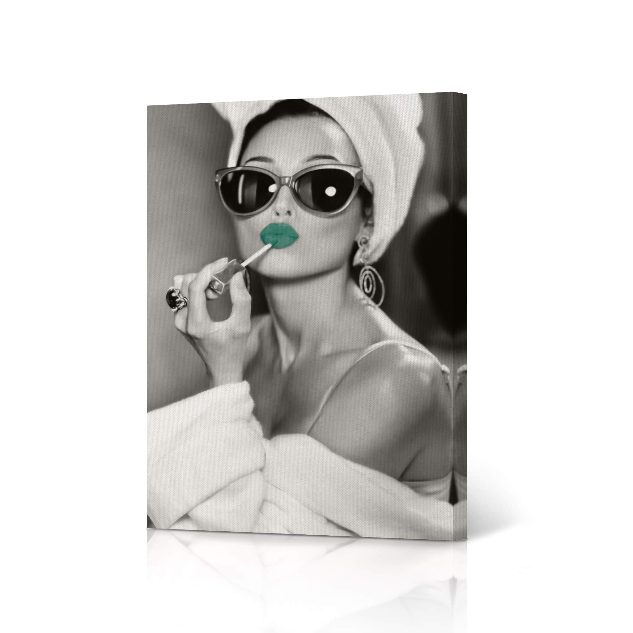 Hb Art Design Audrey Hepburn Style Wall Art Green Lips Canvas Print Lipstick Makeup Iconic Pop Art Glam Fashion Black And White