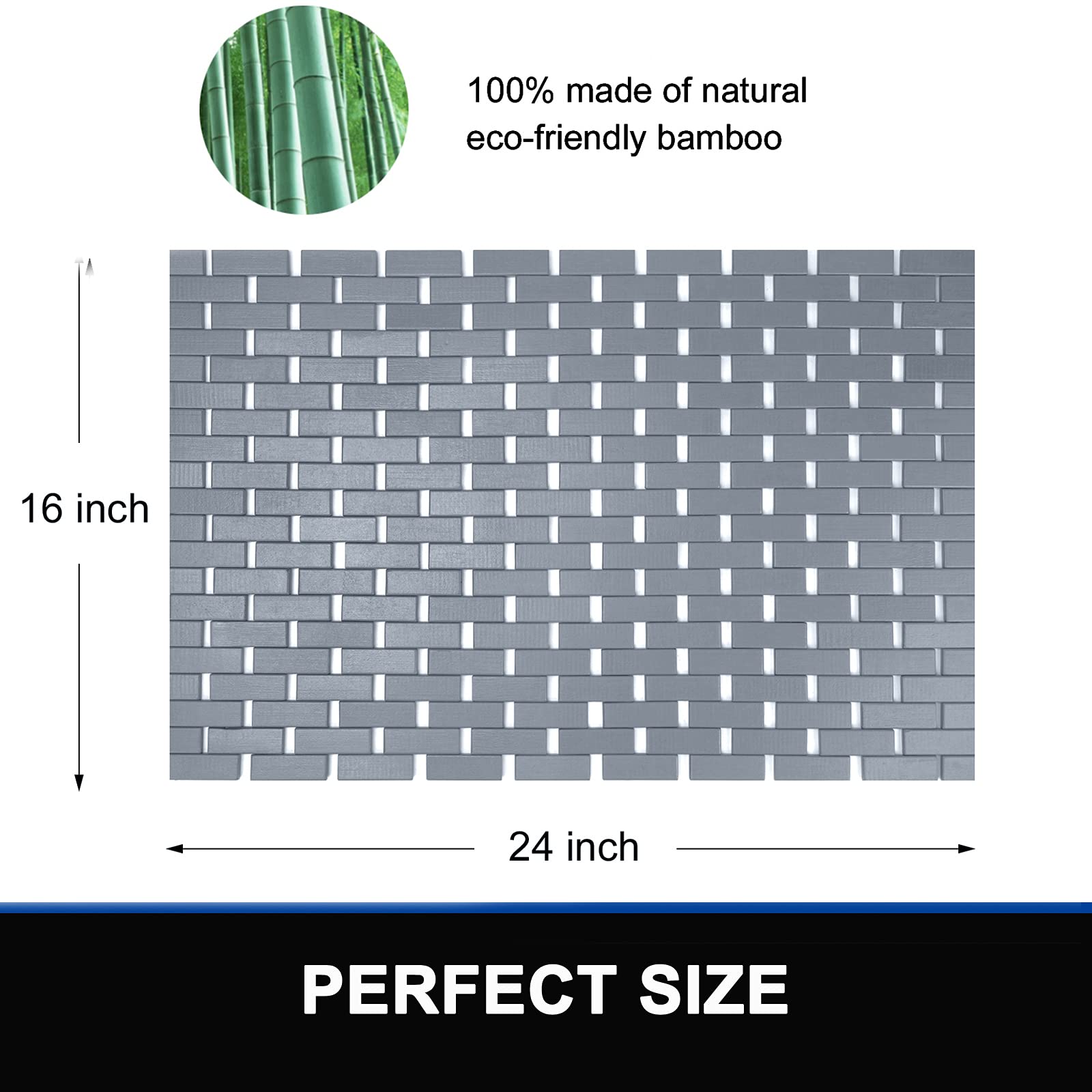 Bamboo Bath Mat Bathroom Rugs Floor Wood Shower Bathtub Waterproof Non Slip Grey Accessories 16x24 Inch Easy to Clean  2 pcs