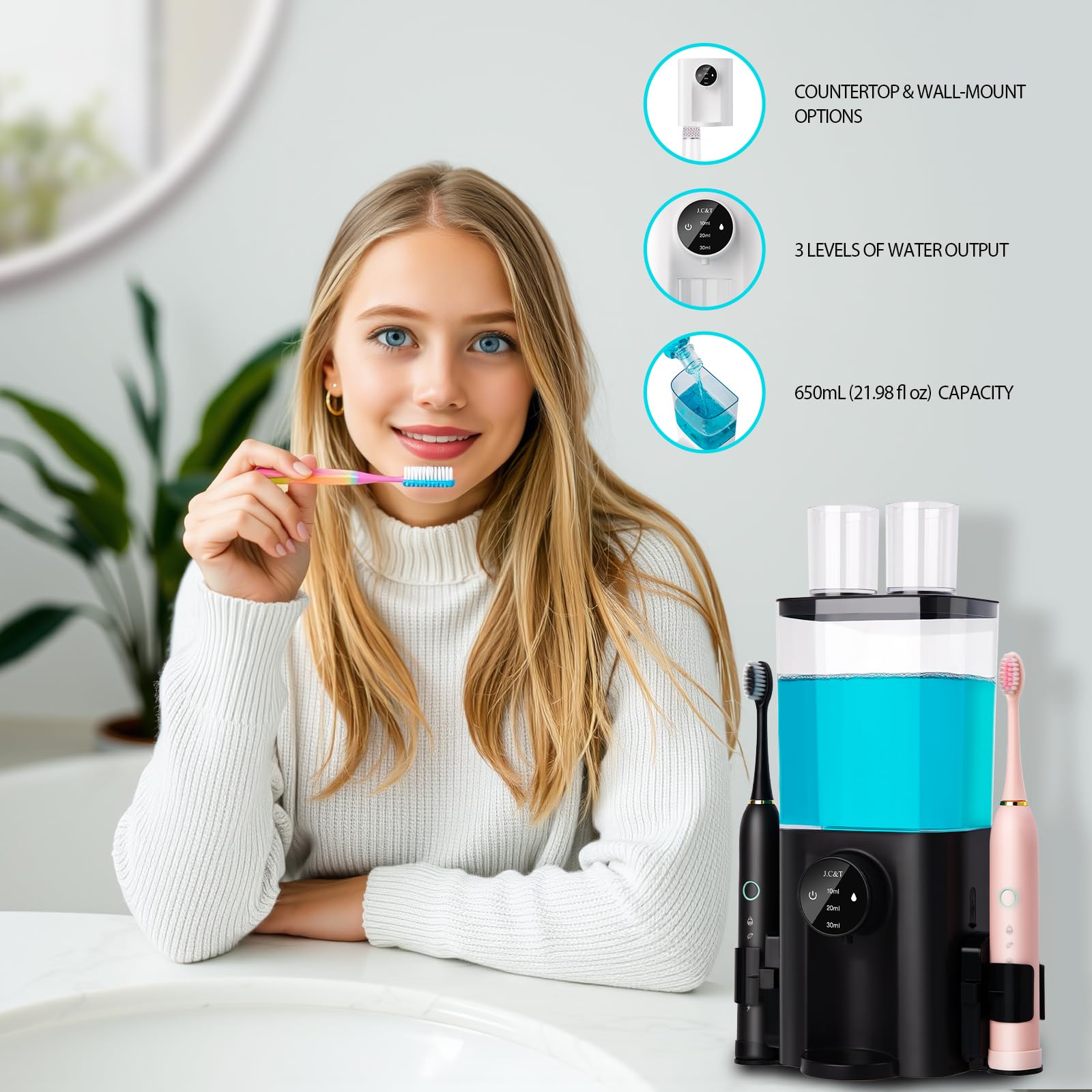 J.C&T Mouthwash Dispenser For Bathroom, 650Ml(21.98 Fl Oz) Smart Mouthwash Dispensers Toothbrush Holders Wall Mounted,Wall Mount