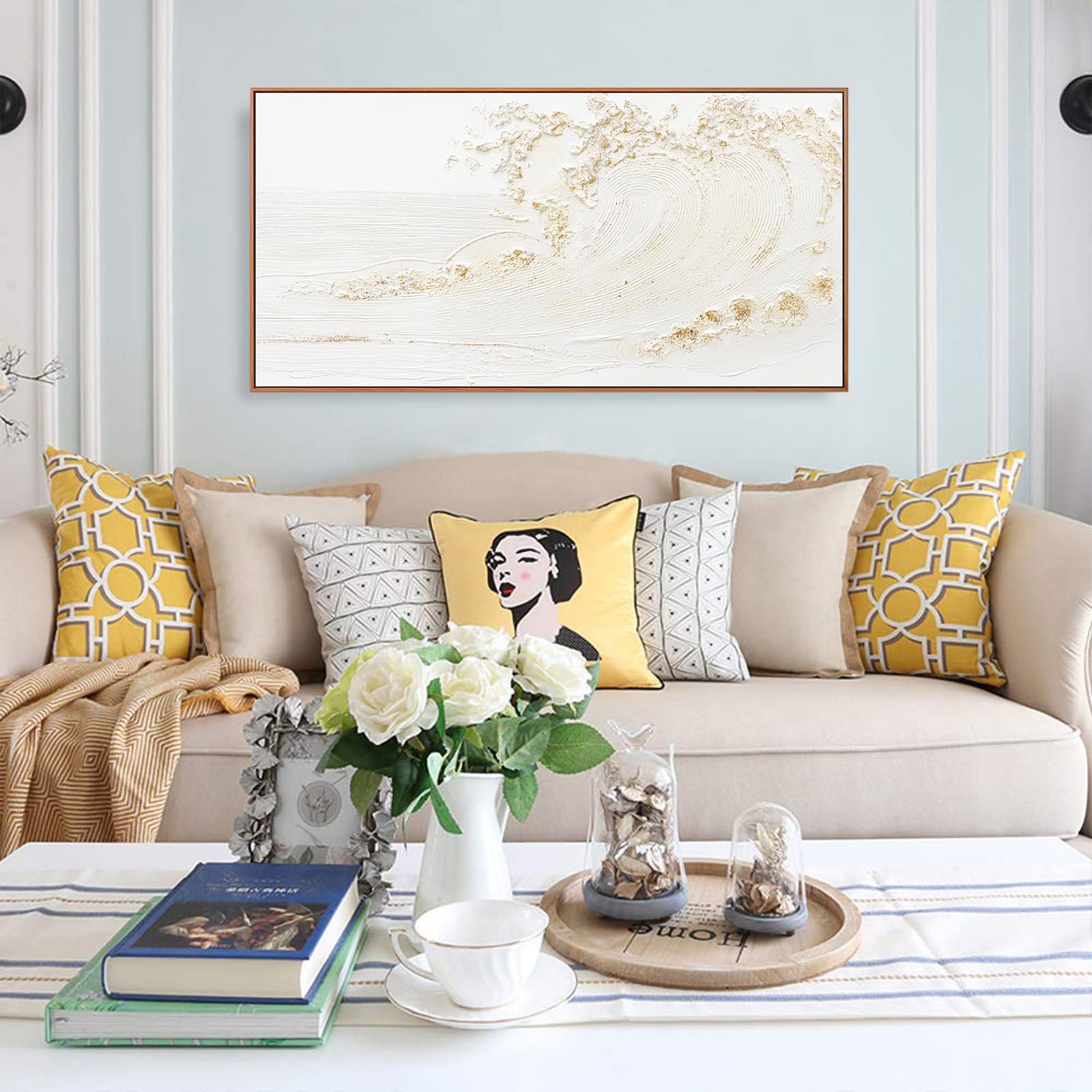 Framed Wall Art Wall Decor Nature Decor Canvas Hand Painted White Wave With Golden Embellishments Artwork Painting Picture For L
