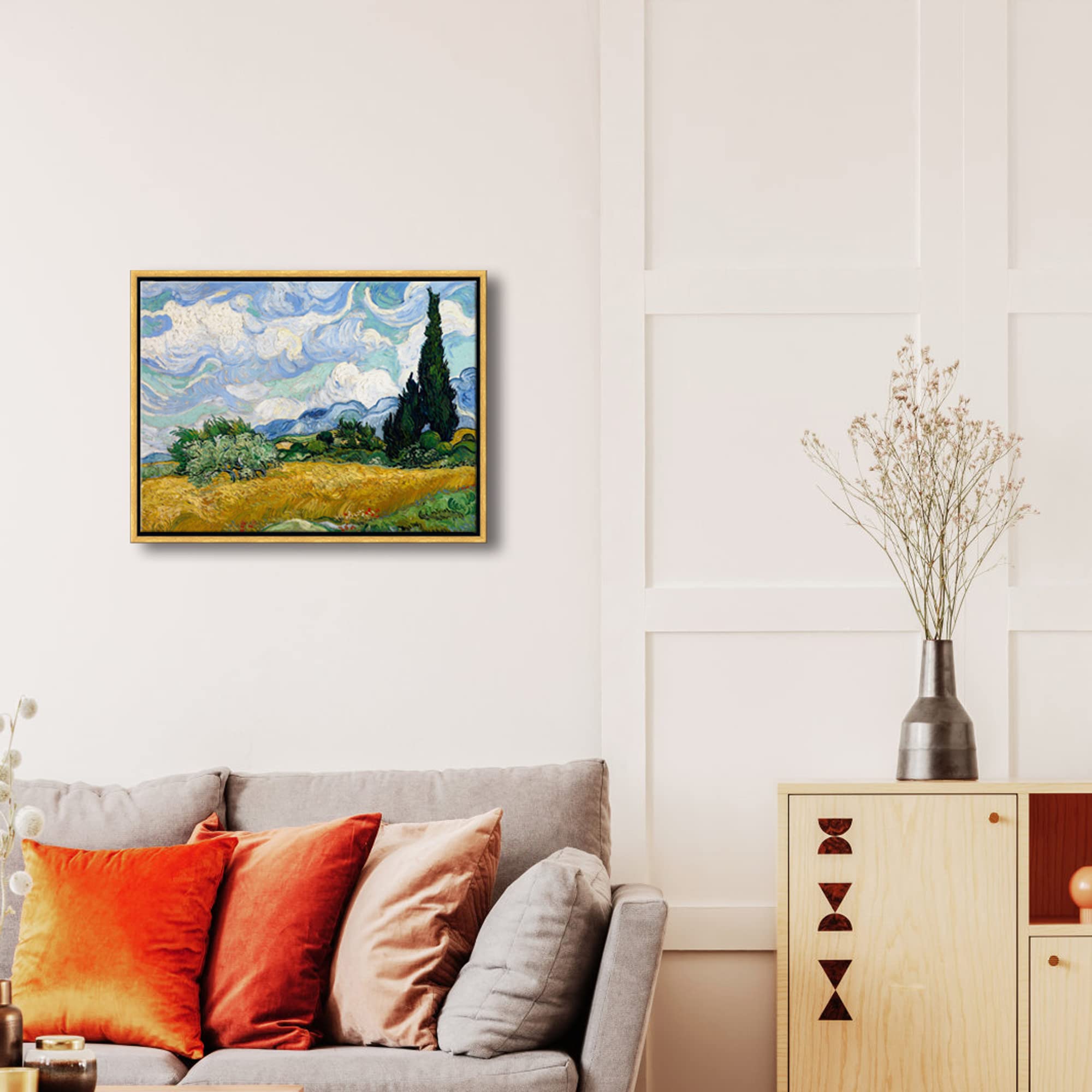Wieco Art Framed Wall Art Of Wheat Field With Cypresses By Vincent Van Gogh Paintings Reproduction Abstract Canvas Prints For Ho