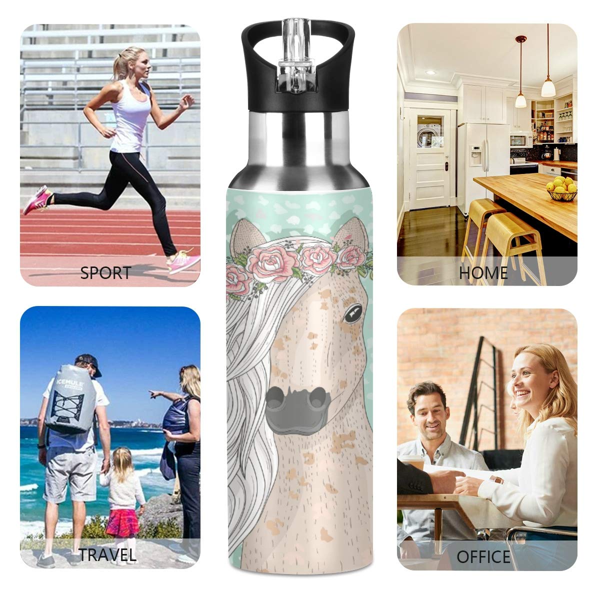 Flower Horse Water Bottle Stainless Steel Vacuum Insulated Water Bottle Standard Mouth Bottle With Wide Handle