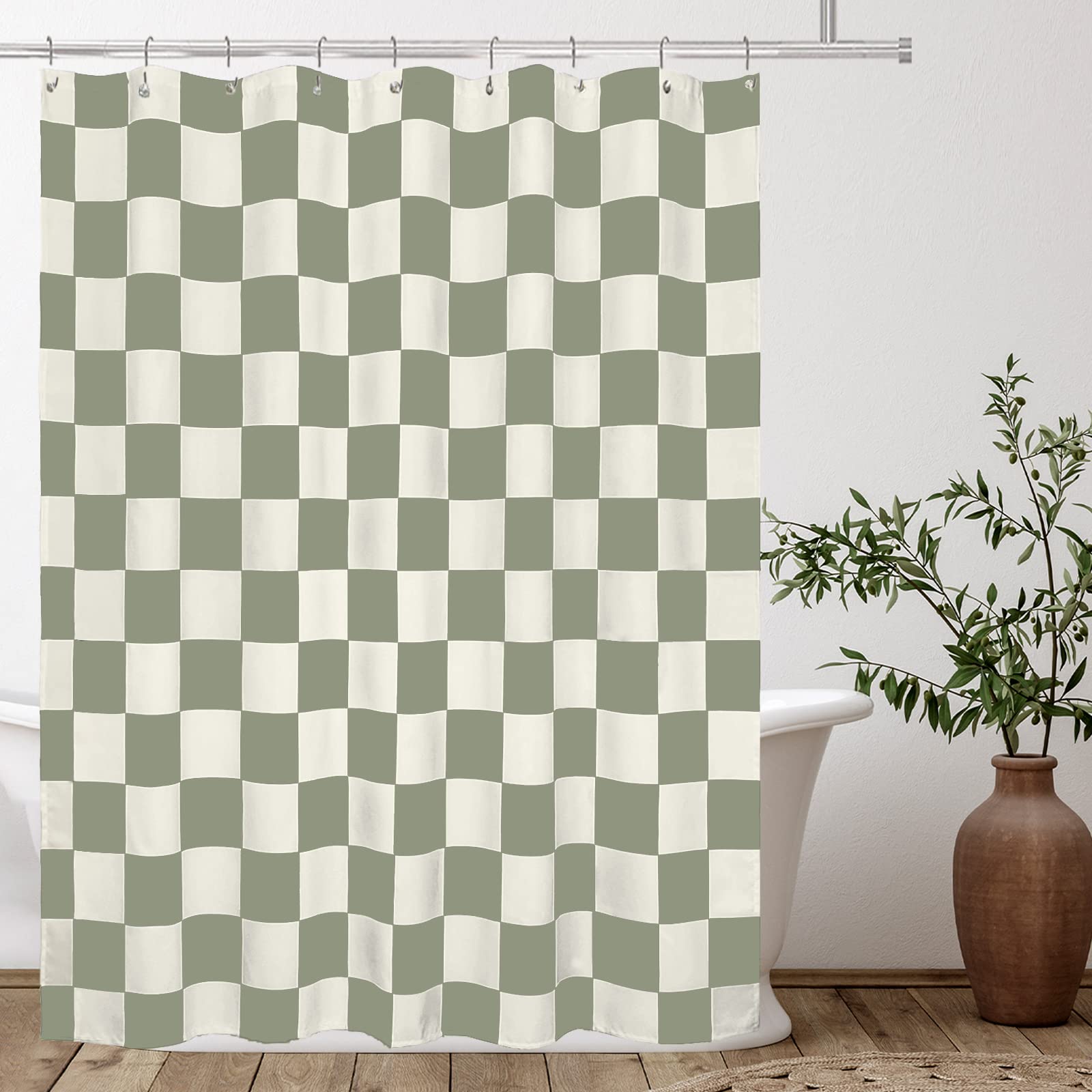 Tititex Aesthetic Checkerboard Grid Pattern Shower Curtain, Beige Sage Green Modern Shower Curtain Sets Decoration 71X71 Inch Wi