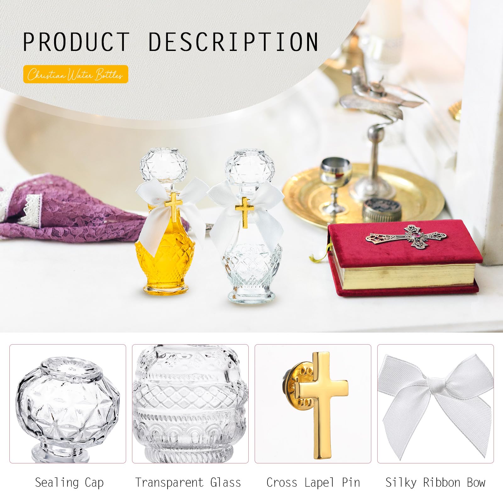 Chuangdi 10 Set Holy Catholic Water Bottles 50ml Christian Water Container Empty Catholic Glass Bottle with Cross Lapel Pin Ribb