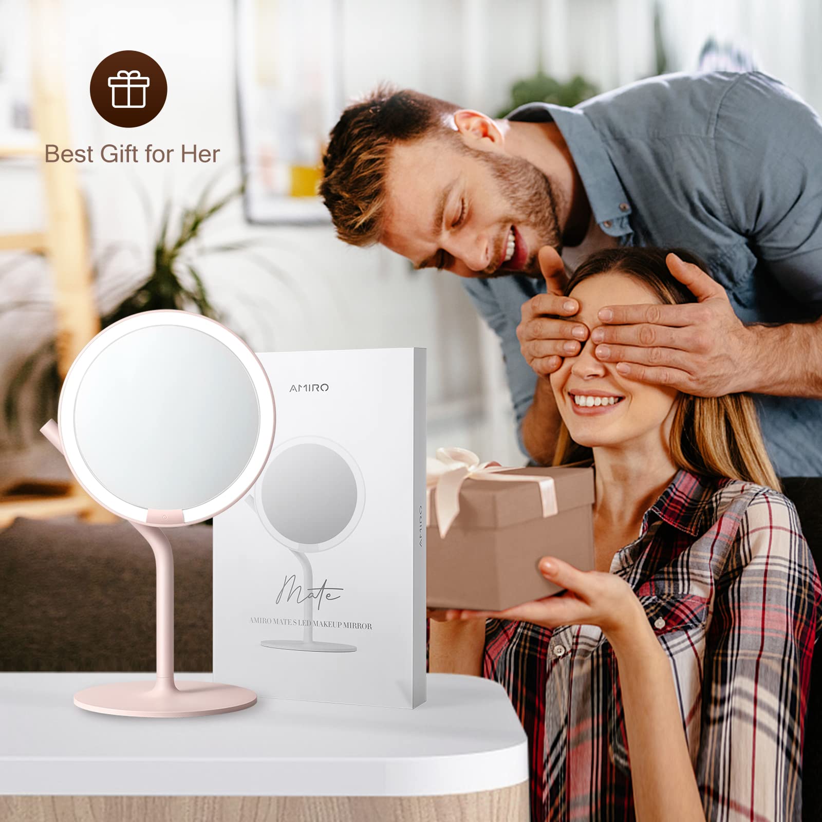 AMIRO Professional 8 LED Lighted Makeup Mirror with 5-Level Brightness, with 5X Magnifying Small Mirror, Tabletop Rechargeable C