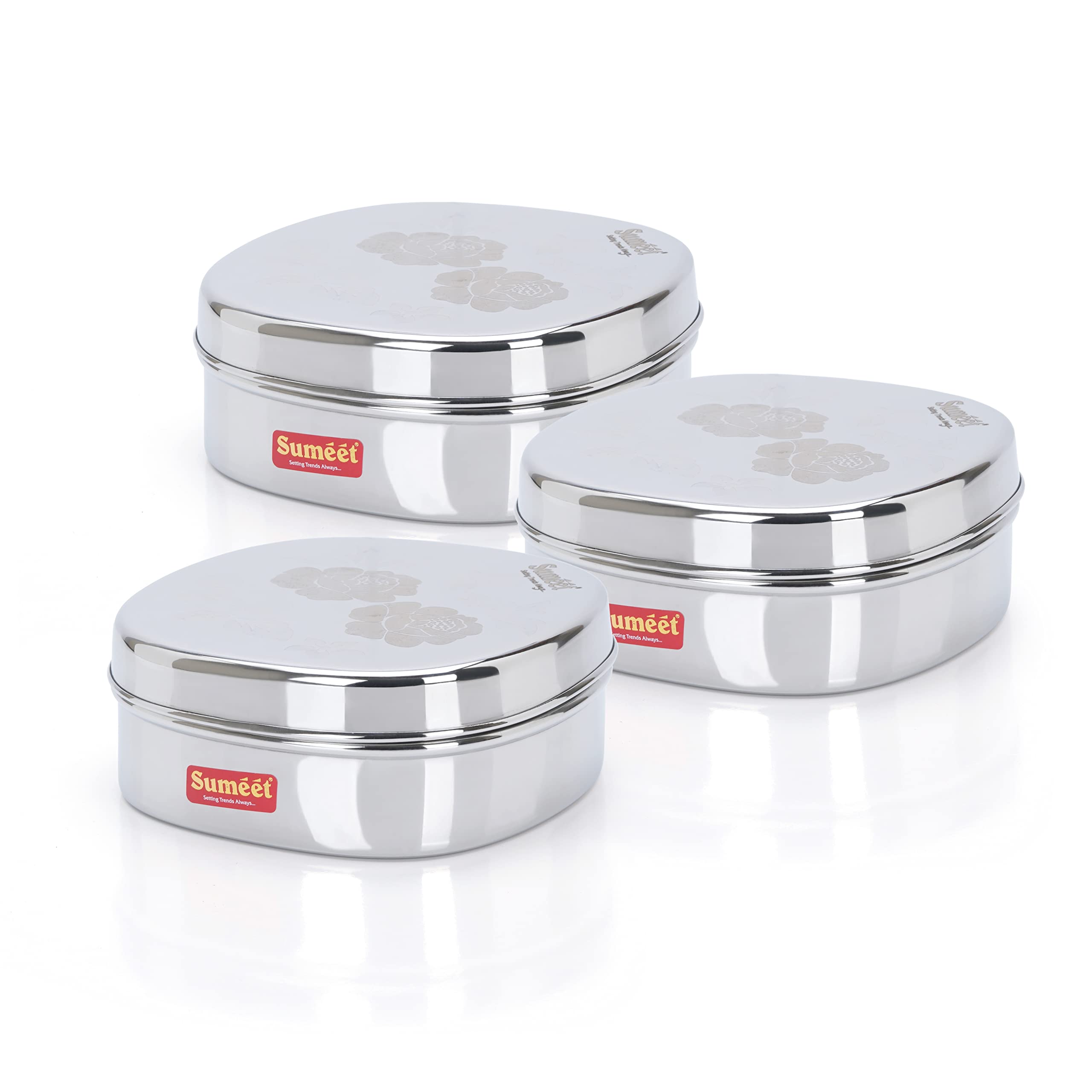 Sumeet Stainless Steel Designer Square Storage Containers Box/Dabba For Kitchen, Set Of 3Pcs, 600Ml, 13.5Cm Dia, Silver