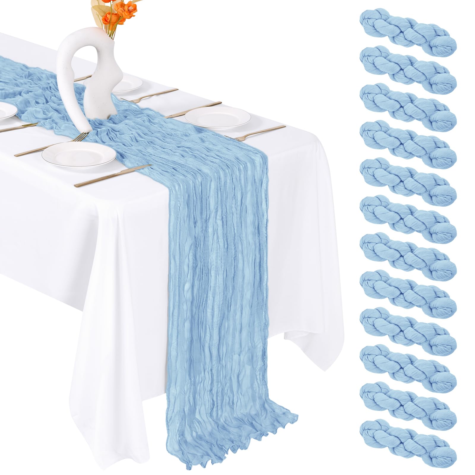 FANTEKE 12 Pack Baby Blue Cheesecloth Table Runner 20 x 120 Inch Gauze Table Runner Fabric Semi Sheer Cheese Cloth Table Decor B