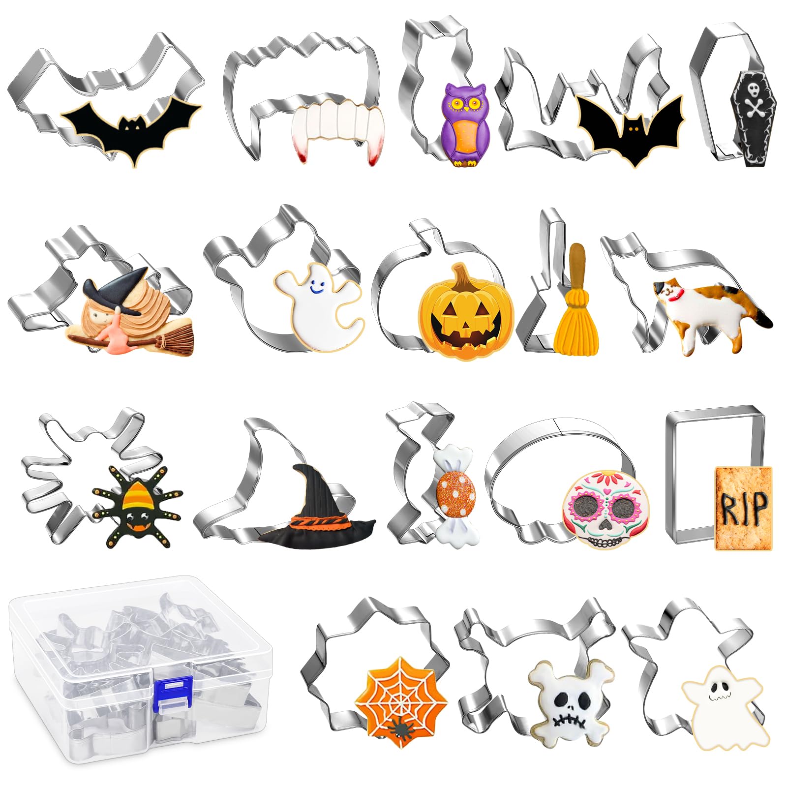 18 Pcs Halloween Cookie Cutters Set, Bat Cookie Cutter Ghost Cookie Cutter Shapes, Bat Skull Tooth Witch Ghost Cat Pumpkin Spide