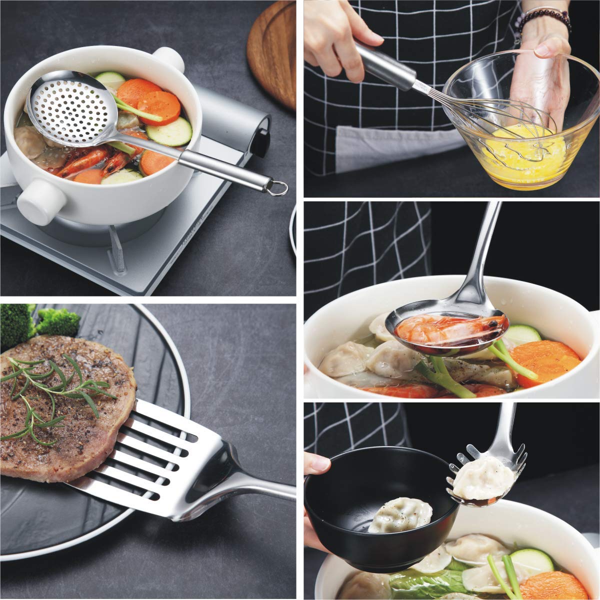 Berglander Cooking Utensil Set 13 Piece Stainless Steel Kitchen Tool Set with Holder  Include Cooking Spoon  Spatula  Whisk  Cooking Tong and etc. (13 Pieces)