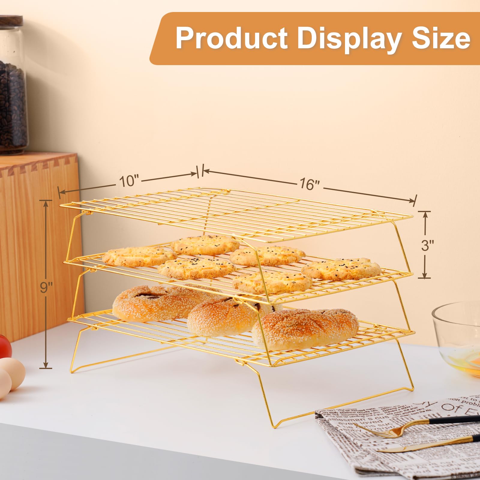 Cooling Rack For Baking 3 Tiers, 16 X 10 Cookie Cooling Wire Rack Stackable Collapsible Nonstick, Stainless Steel Baking Coo