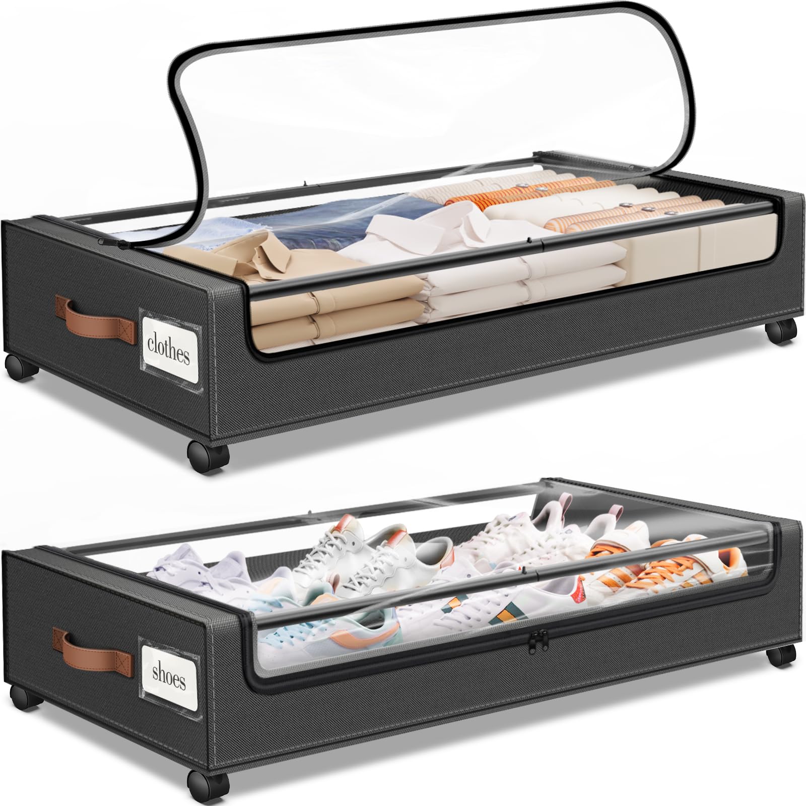 SpaceHacks Under Bed Storage with Wheels 2Pack Storage Containers with Clear Window&Label Under Bed Drawers Rolling Under Bed St