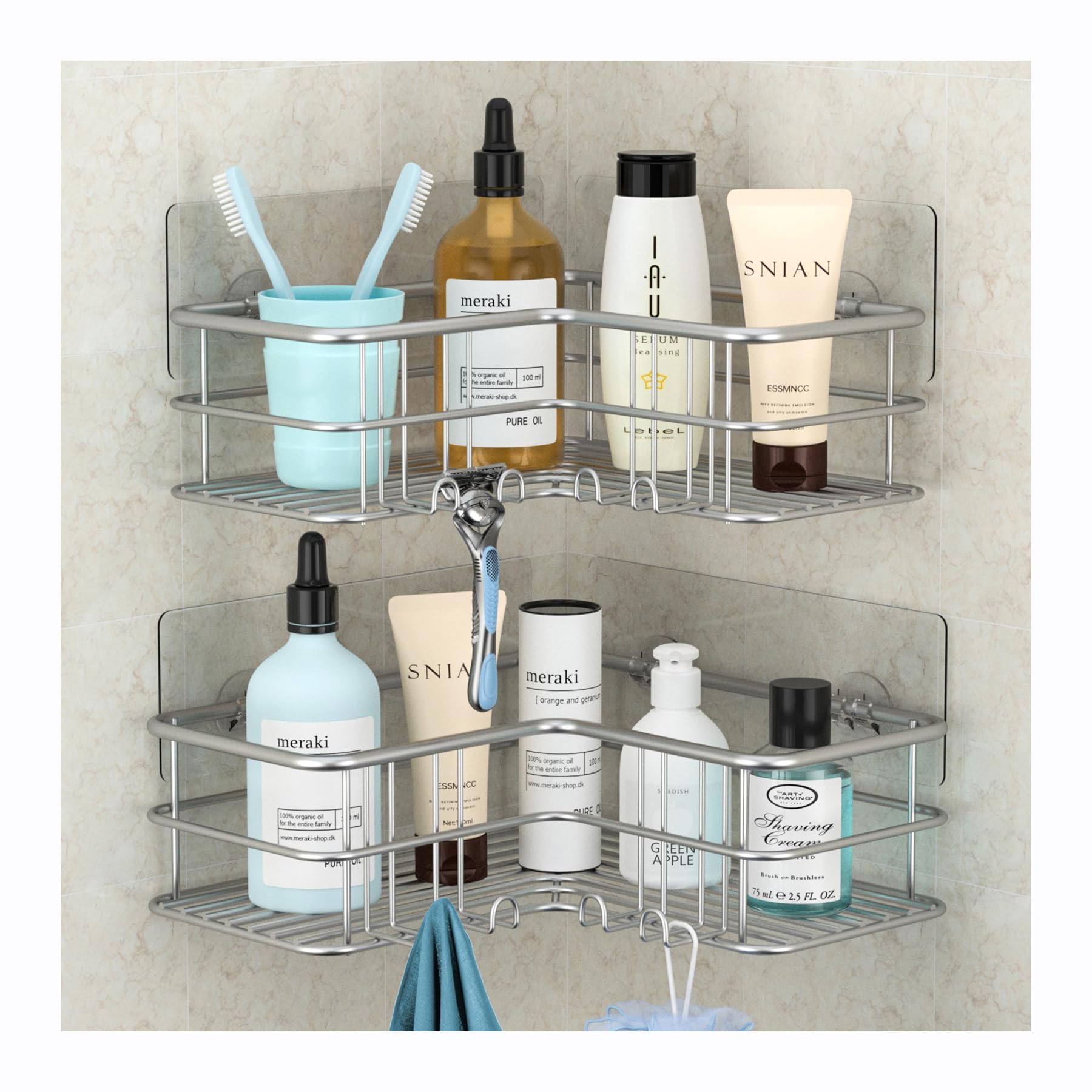 Menbyci Corner Shower Caddy  Adhesive Shower Shelf with Hooks  Stainless Steel Rustproof Bathroom Storage Organizer  No Drilling Shower Shampoo Holder Wall Mounted  2-Pack