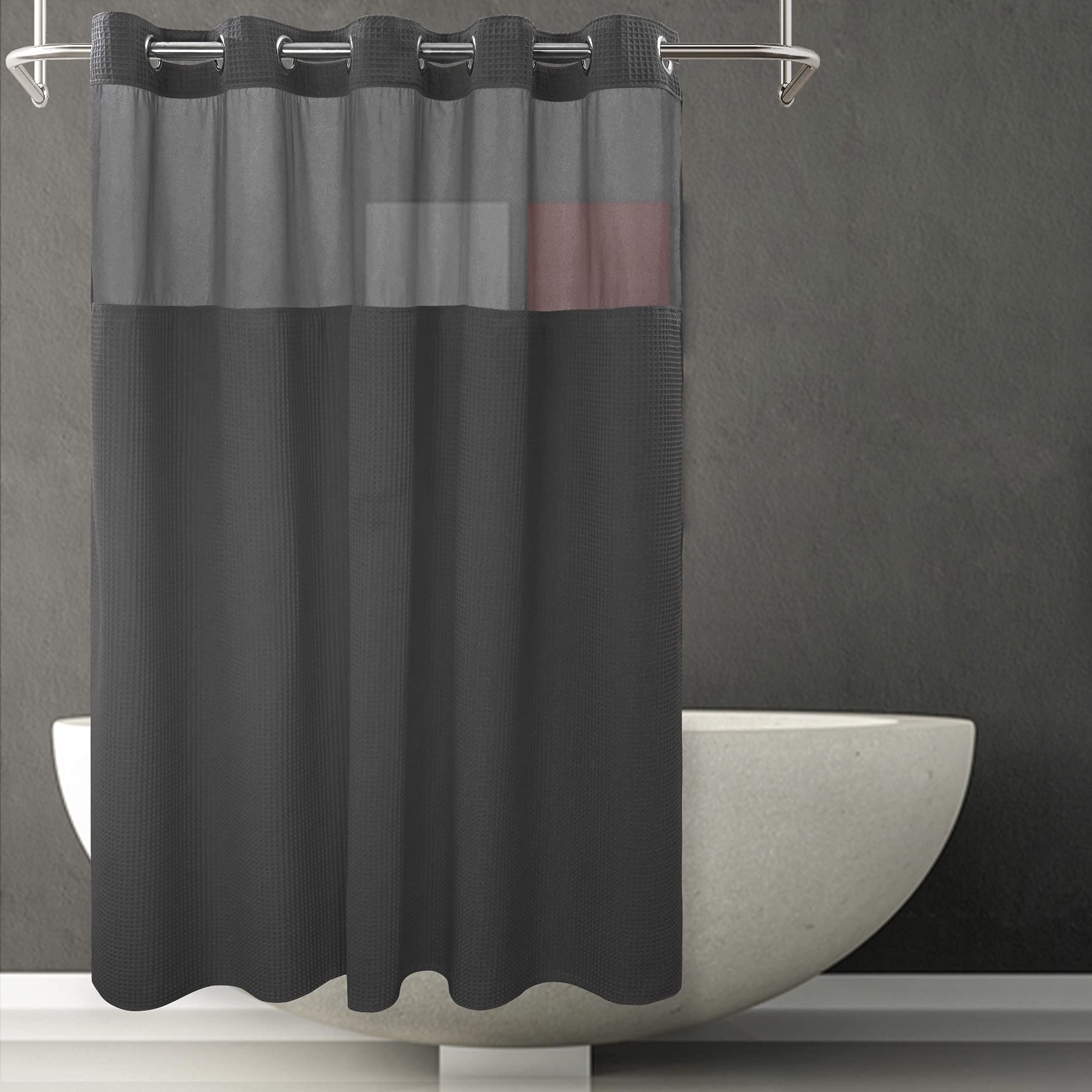 River Dream Black Fabric Shower Curtain Set, Cotton Blend, Waffle Weave, With Snap In Replacement Liner,71 X 86 Inches