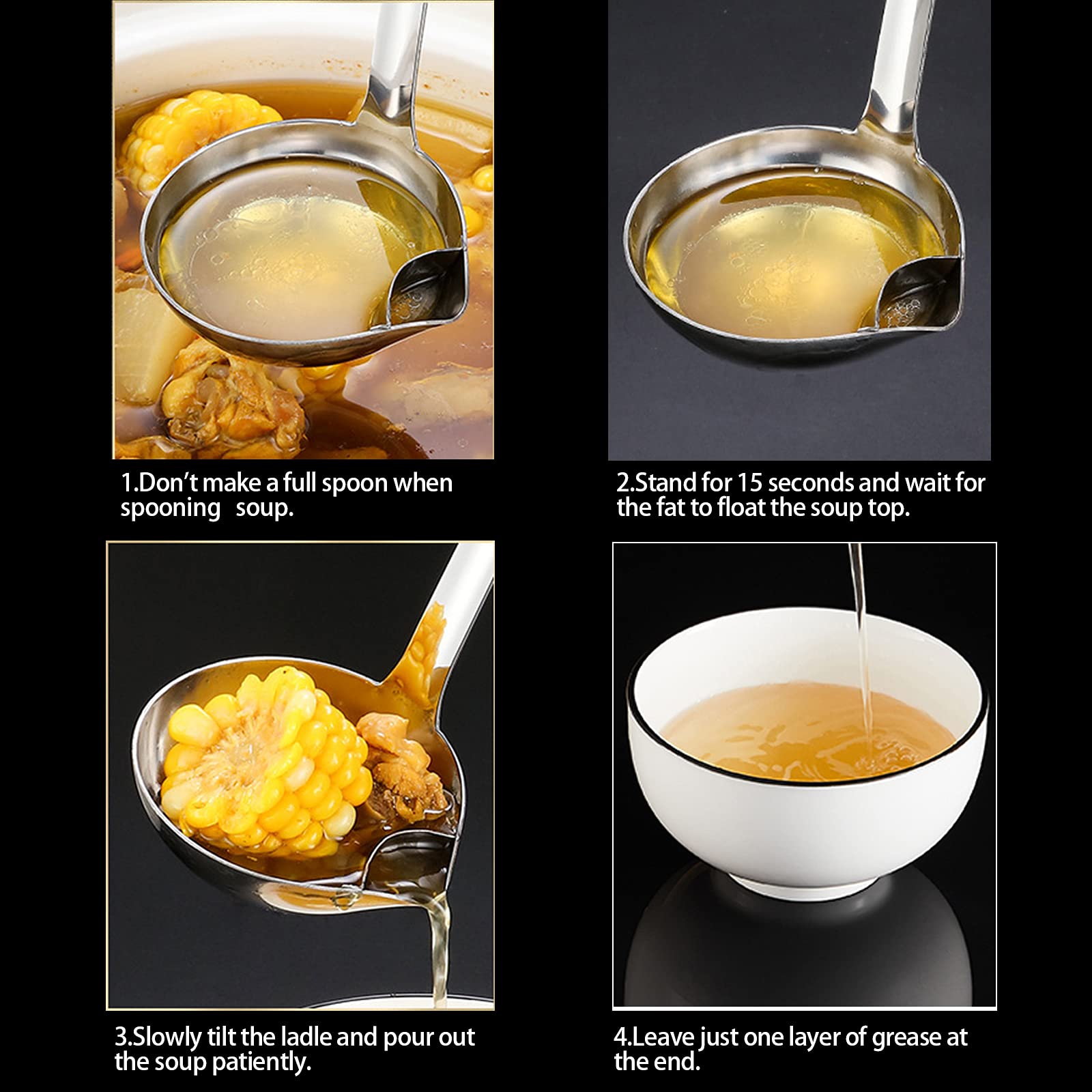Gravy Ladle With Anti-Scalding Handle Stainless Steel Grease Separator Soup Spoon Ladle For Cooking (2, Silver)
